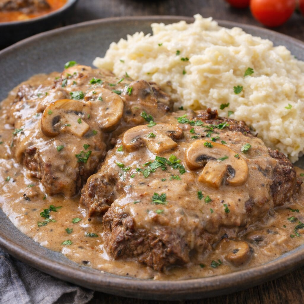 Slow cooker Swiss steak plated with creamy mushroom sauce