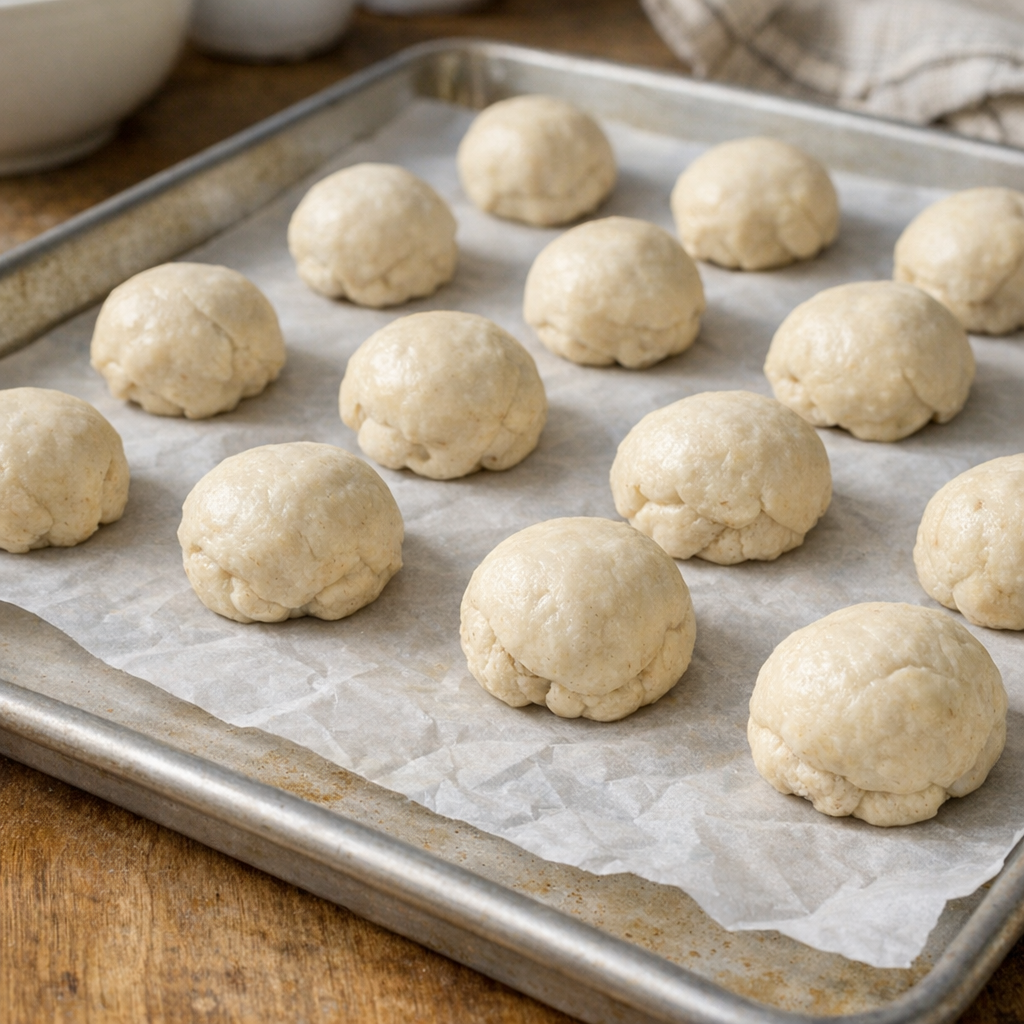 Unbaked sausage bites arranged on a parchment-lined baking sheet