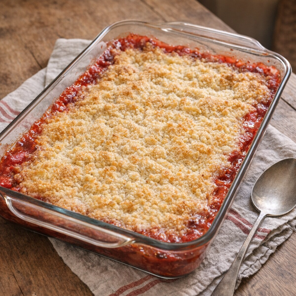 Warm strawberry dump cake in a rustic baking dish on a farmhouse table