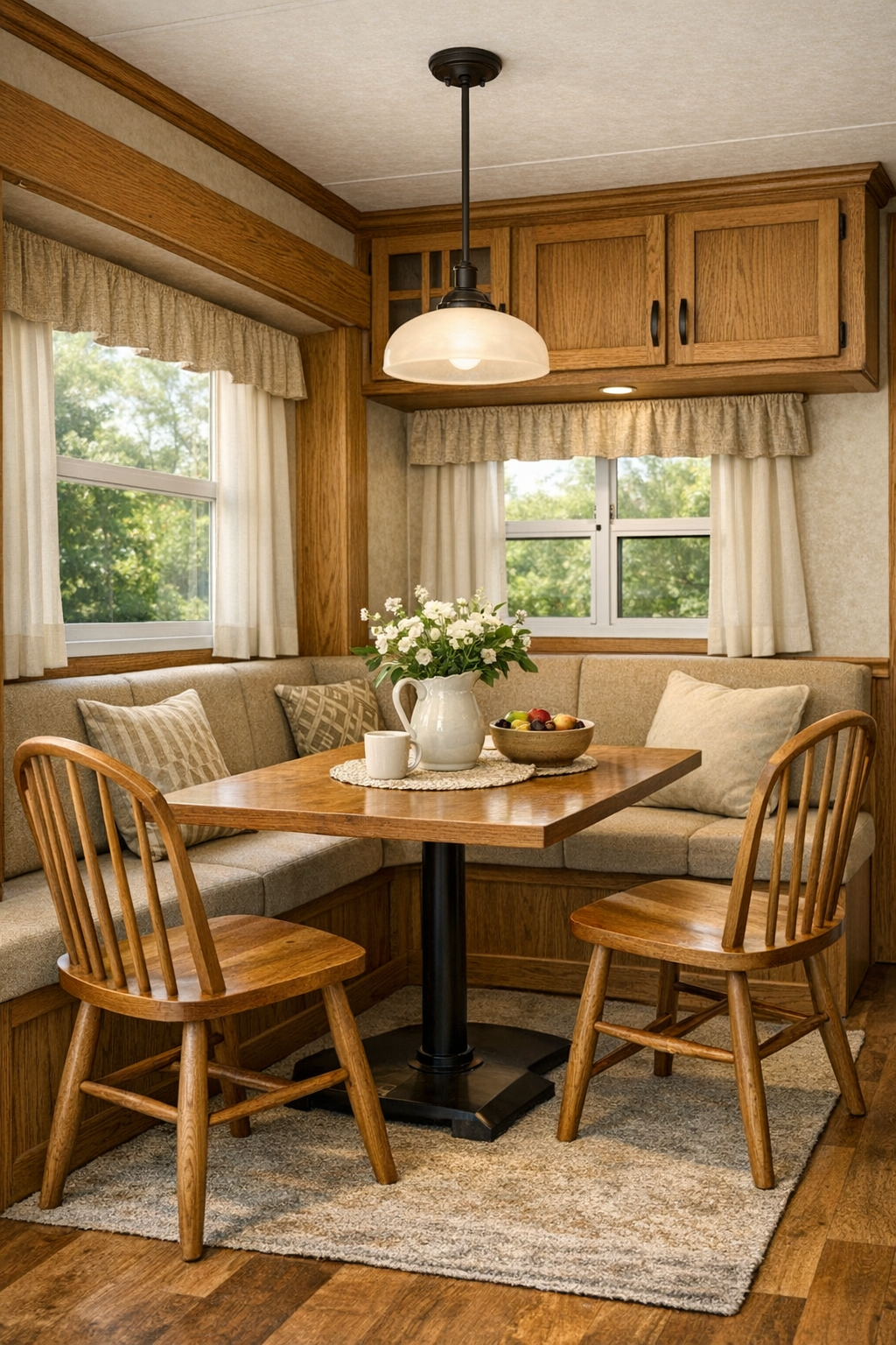 Built-in dining nook with banquette and wood table in a Craftsman park model