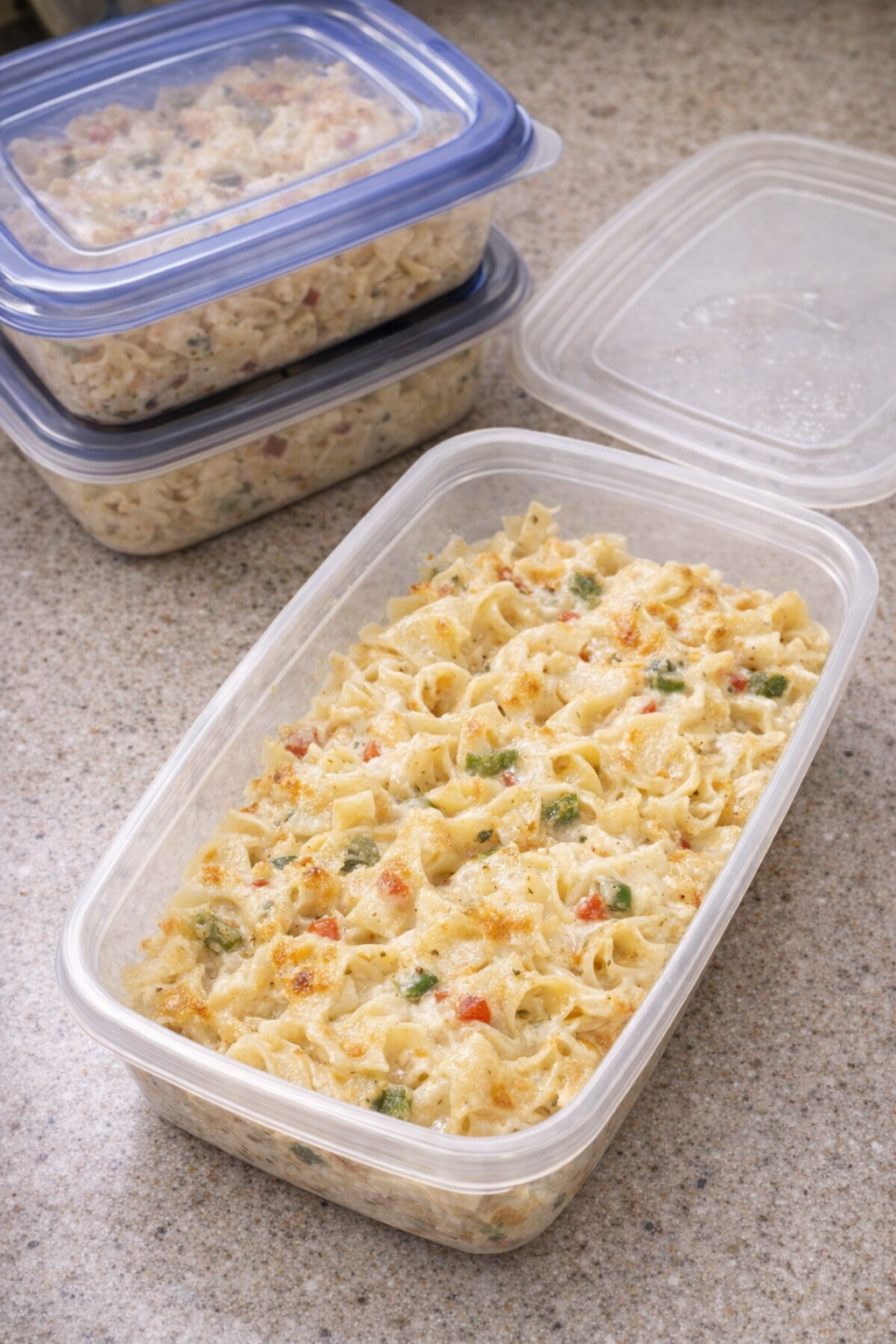 Leftover noodle bake stored in shallow containers