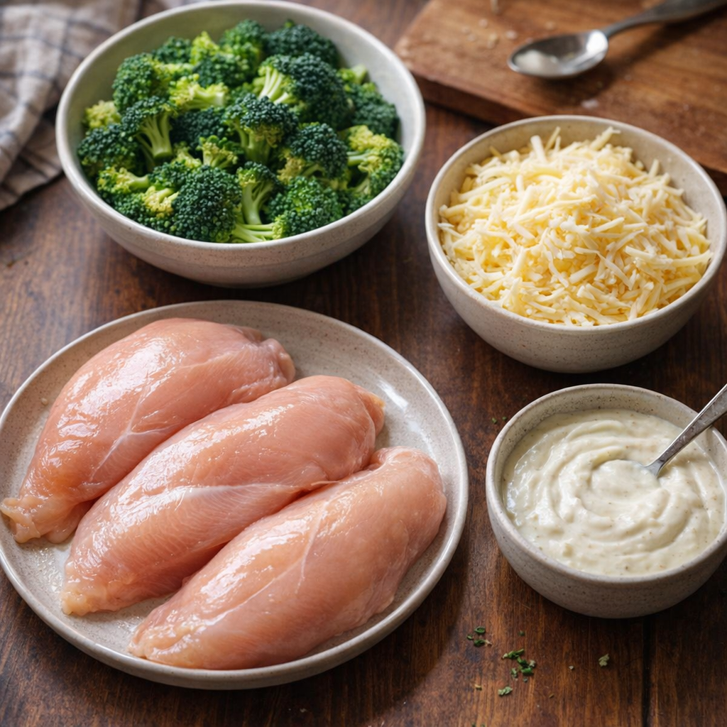 De afgemeten ingrediënten voor een broccoli-kip ovenschotel staan ​​uitgestald op het aanrecht.