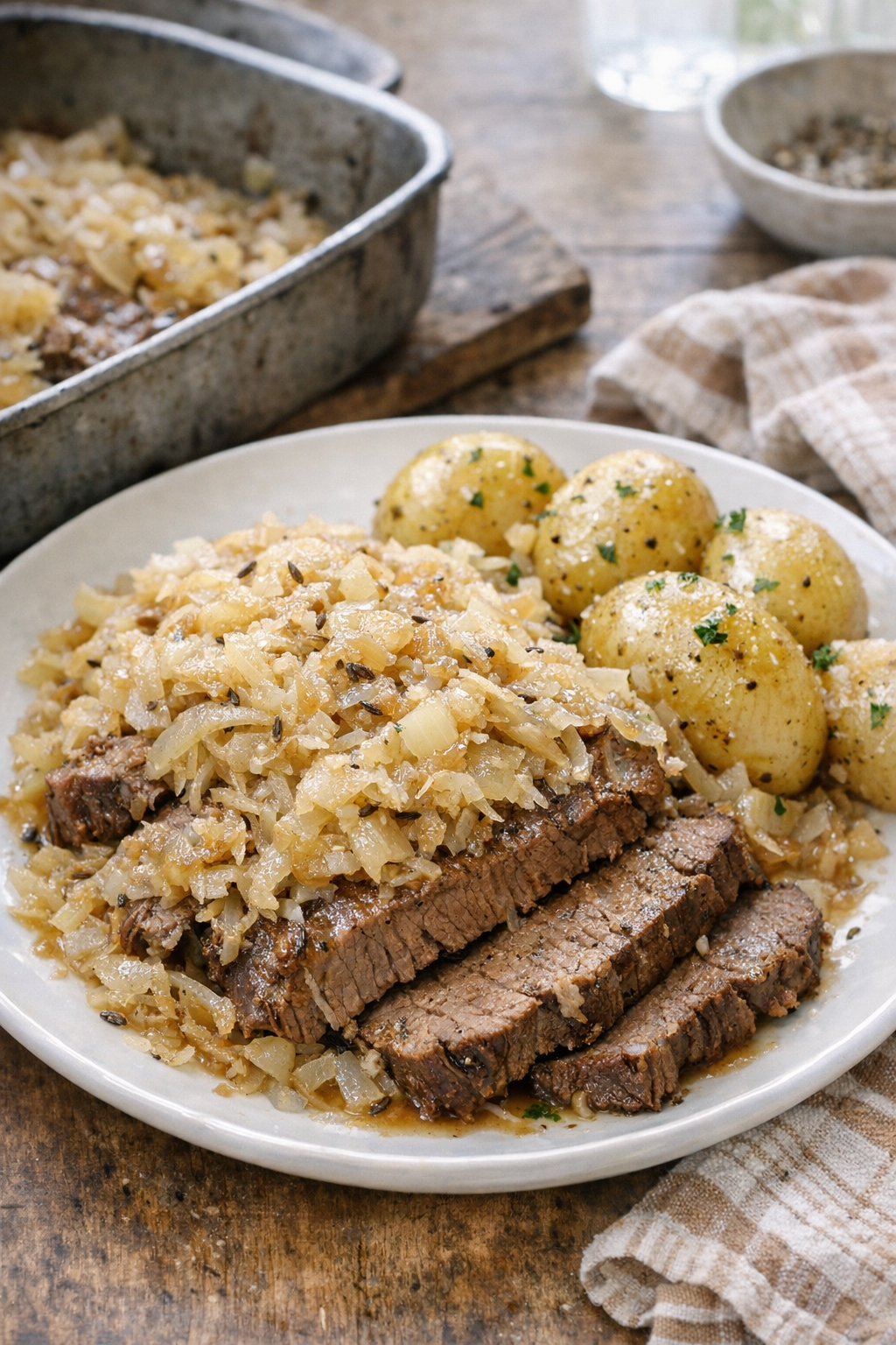 Finished Amish beef and sauerkraut casserole plated with potatoes