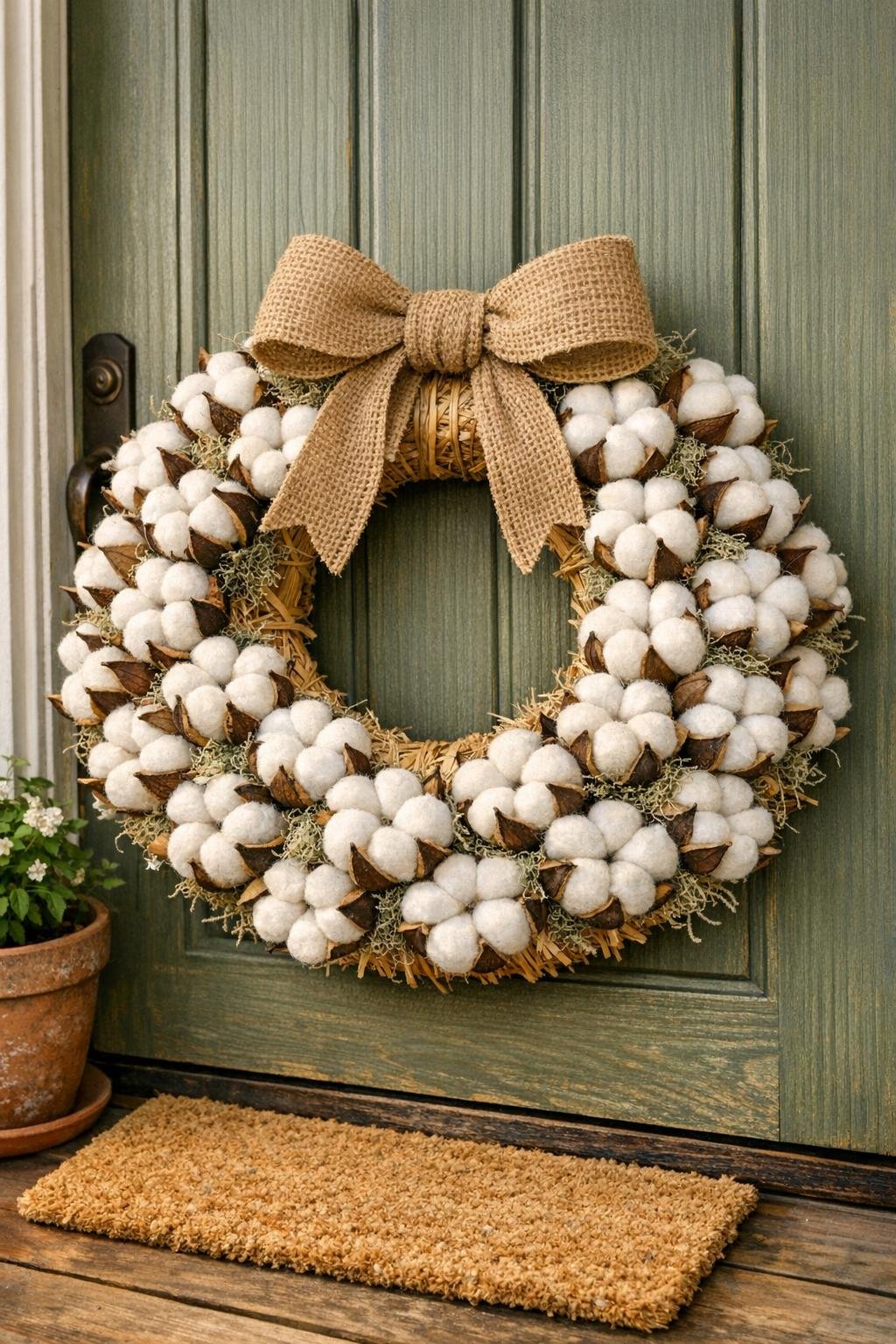 Finished farmhouse cotton boll wreath hanging on a front door