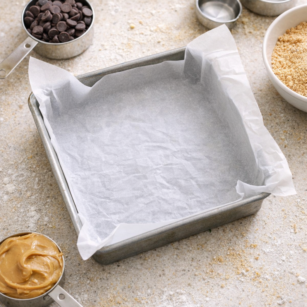 Parchment-lined square pan on a kitchen counter