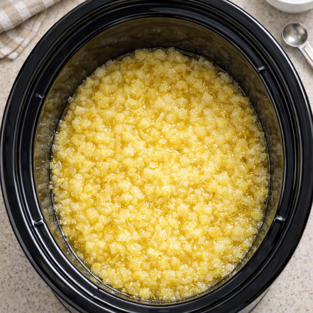 Crushed pineapple spread in the bottom of a slow cooker