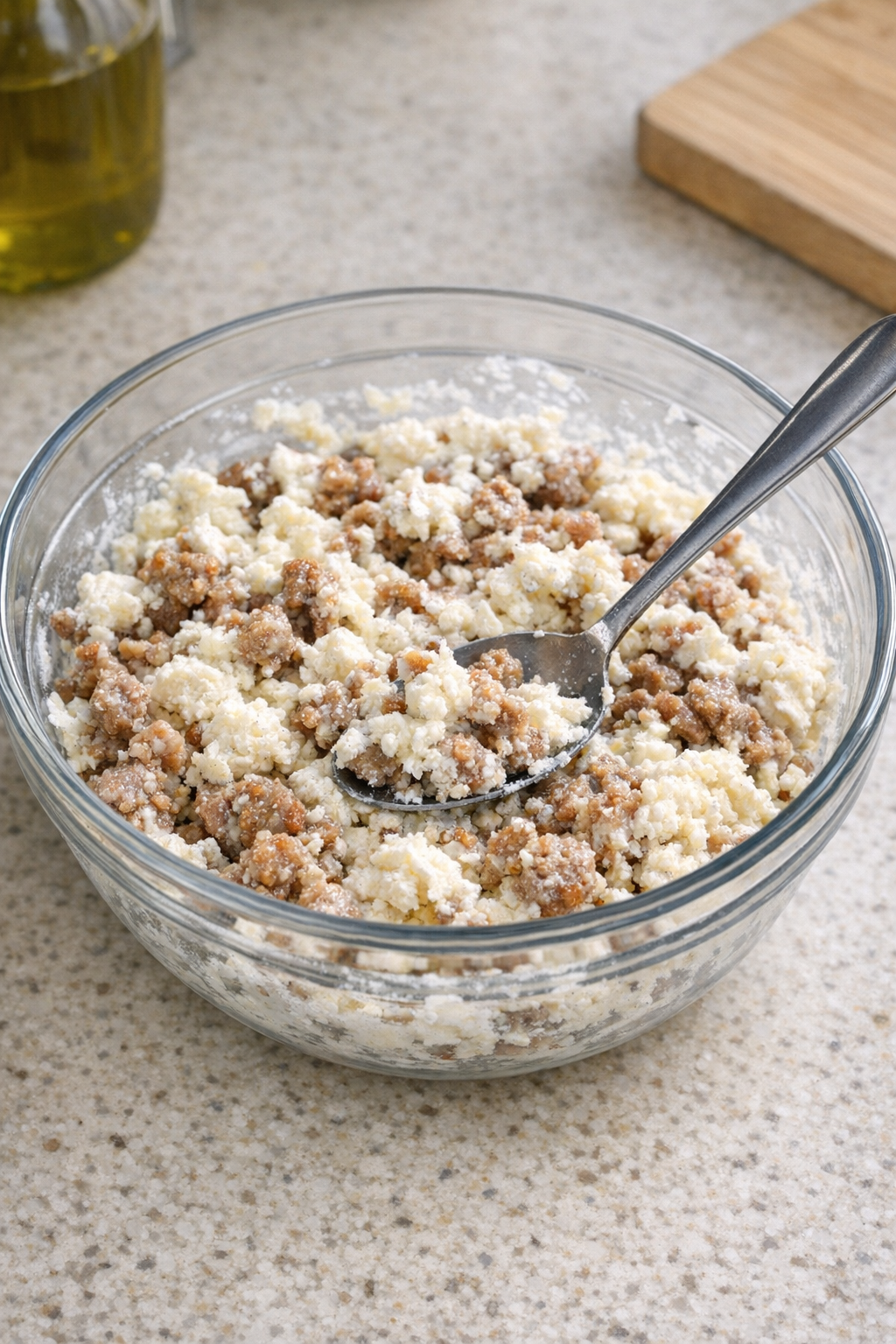 Cooked sausage mixed with ricotta in a bowl