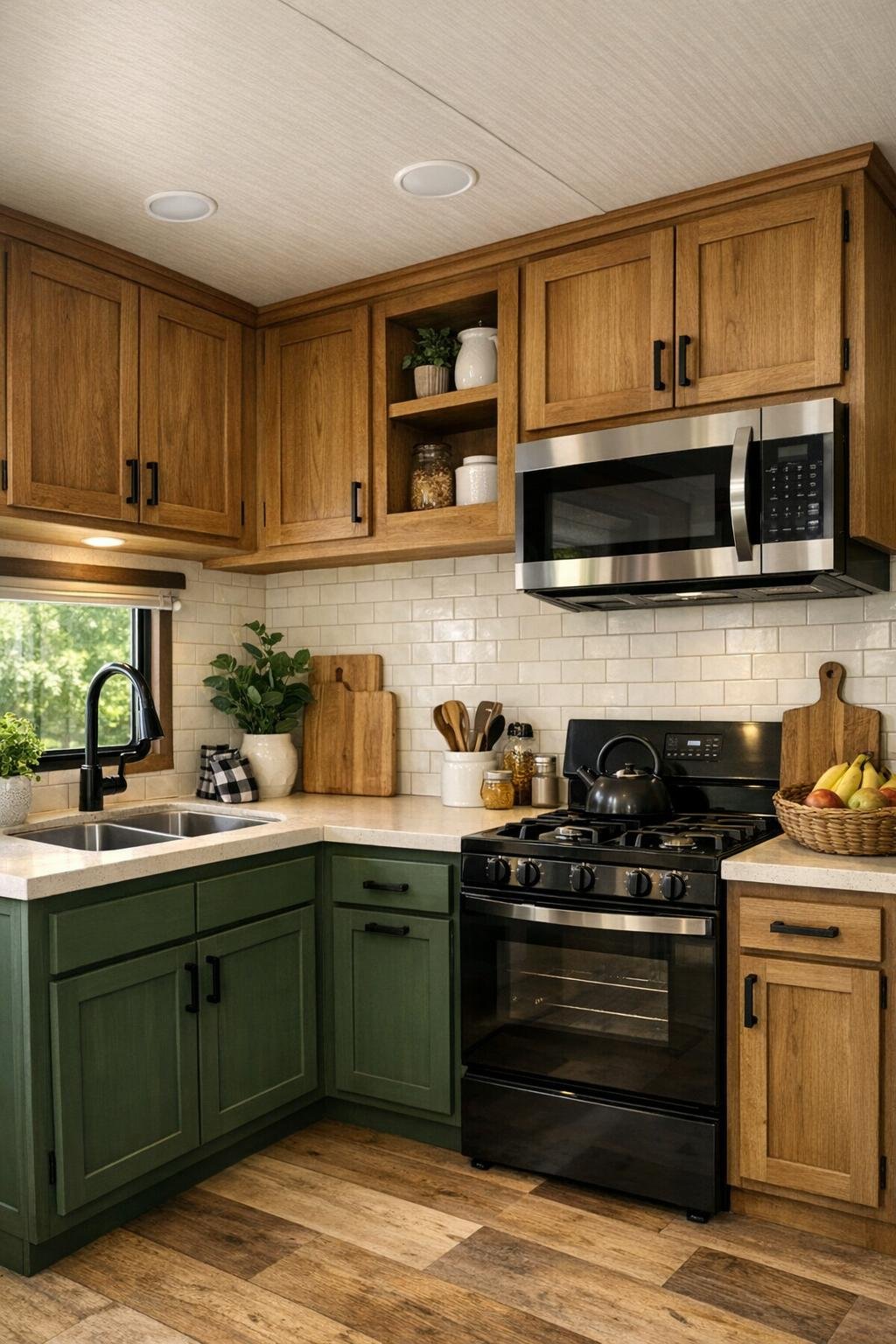 Rustic green RV kitchen with wood cabinetry and light counters