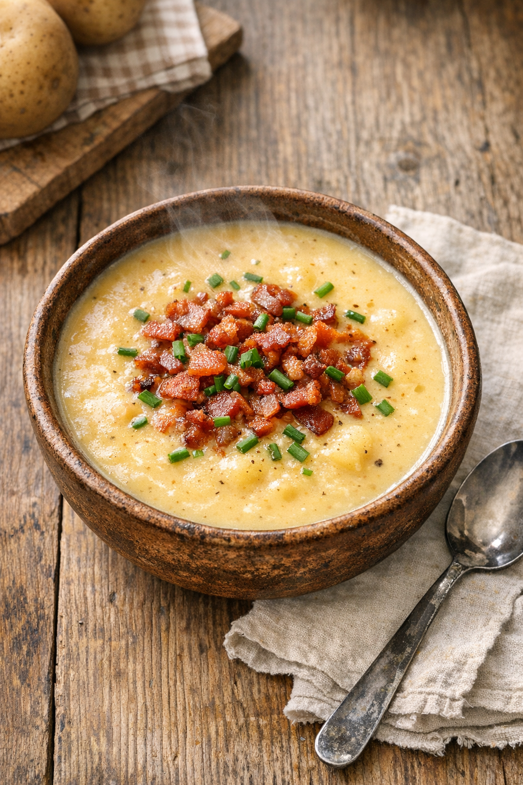 Finished bowl of creamy bacon potato soup