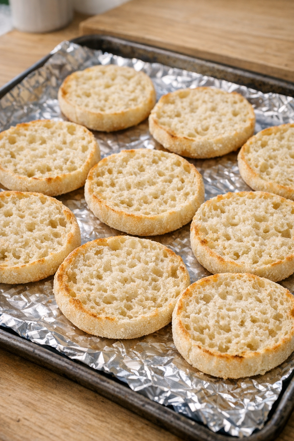 English muffin halves arranged on baking sheet
