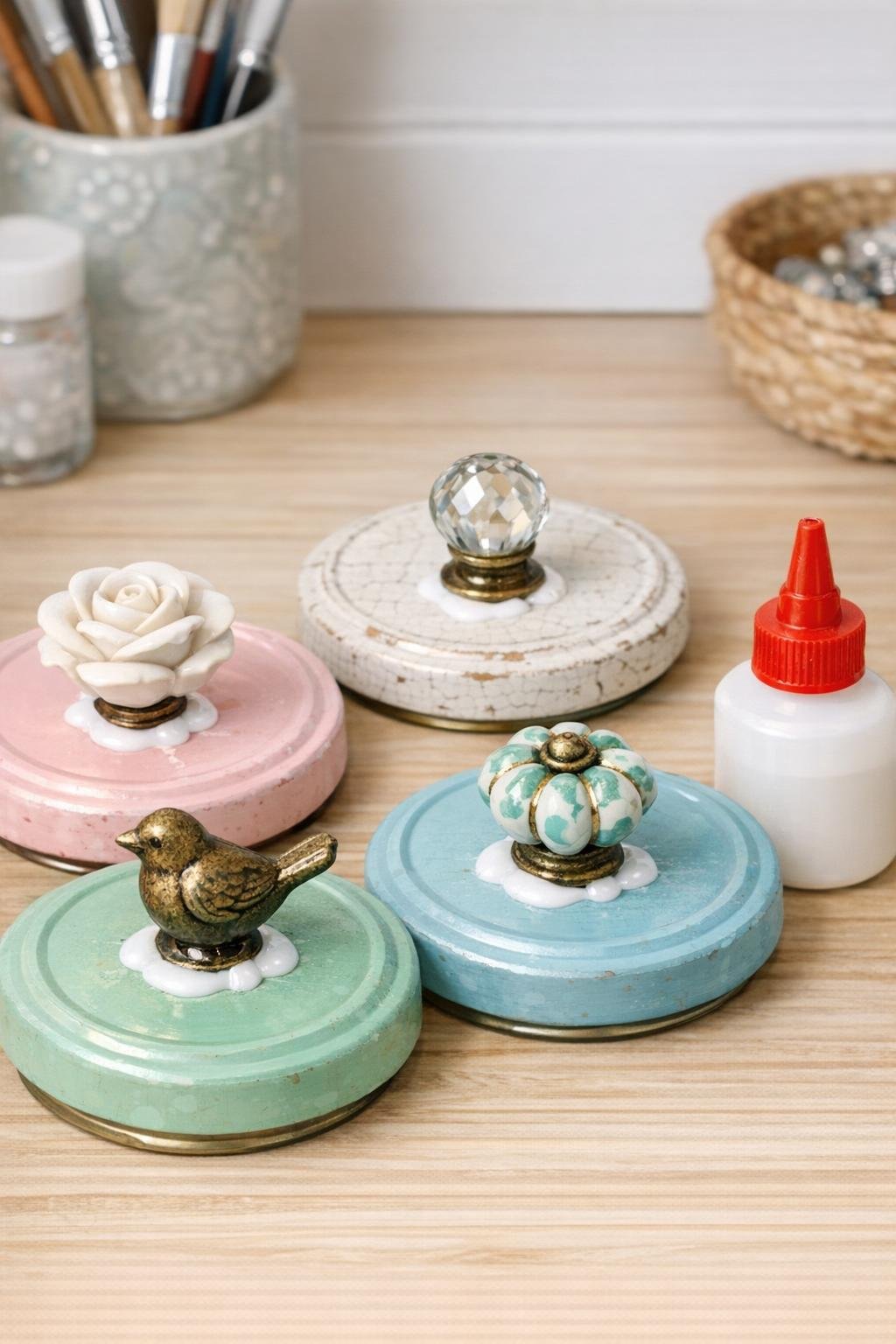 Decorative knobs glued to painted jar lids