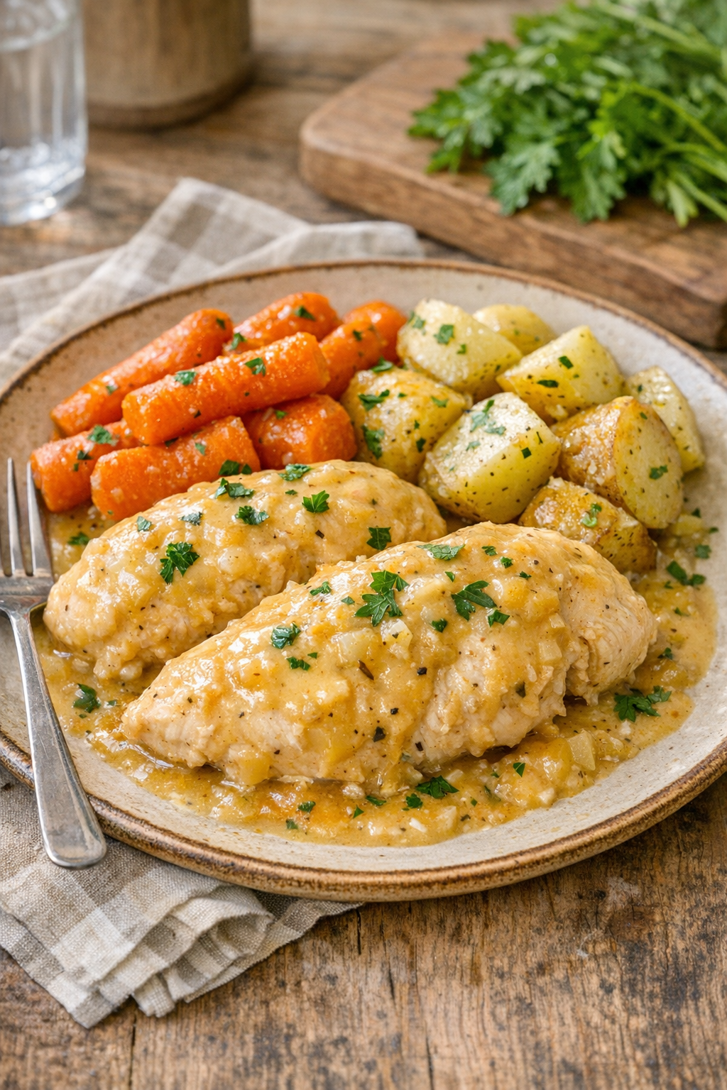 Creamy slow cooker chicken plated with vegetables