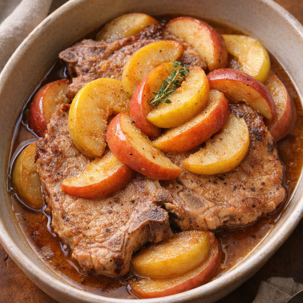 Slow cooker pork chops with apples in a rustic serving dish