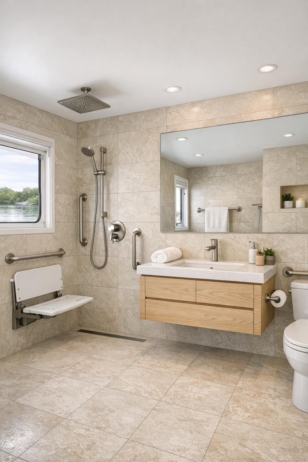 Spa-like accessible bathroom with curbless shower and pale oak vanity