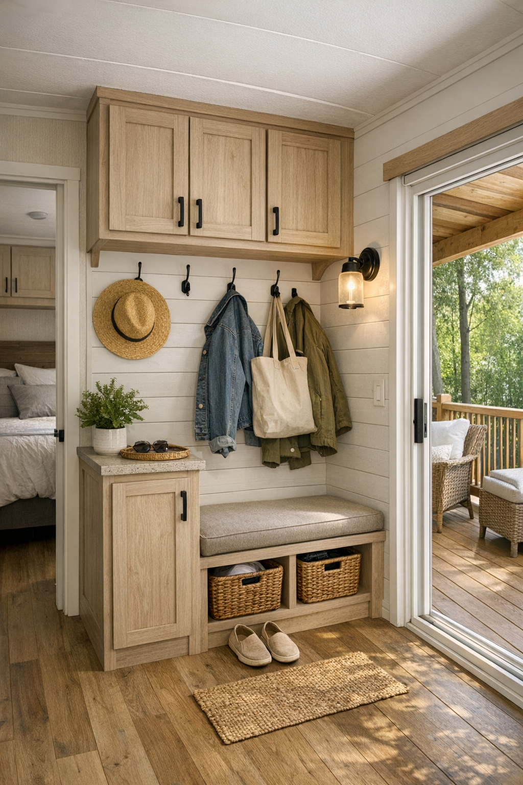 Thoughtful small-space nook with built-in storage, bench seating, and deck access