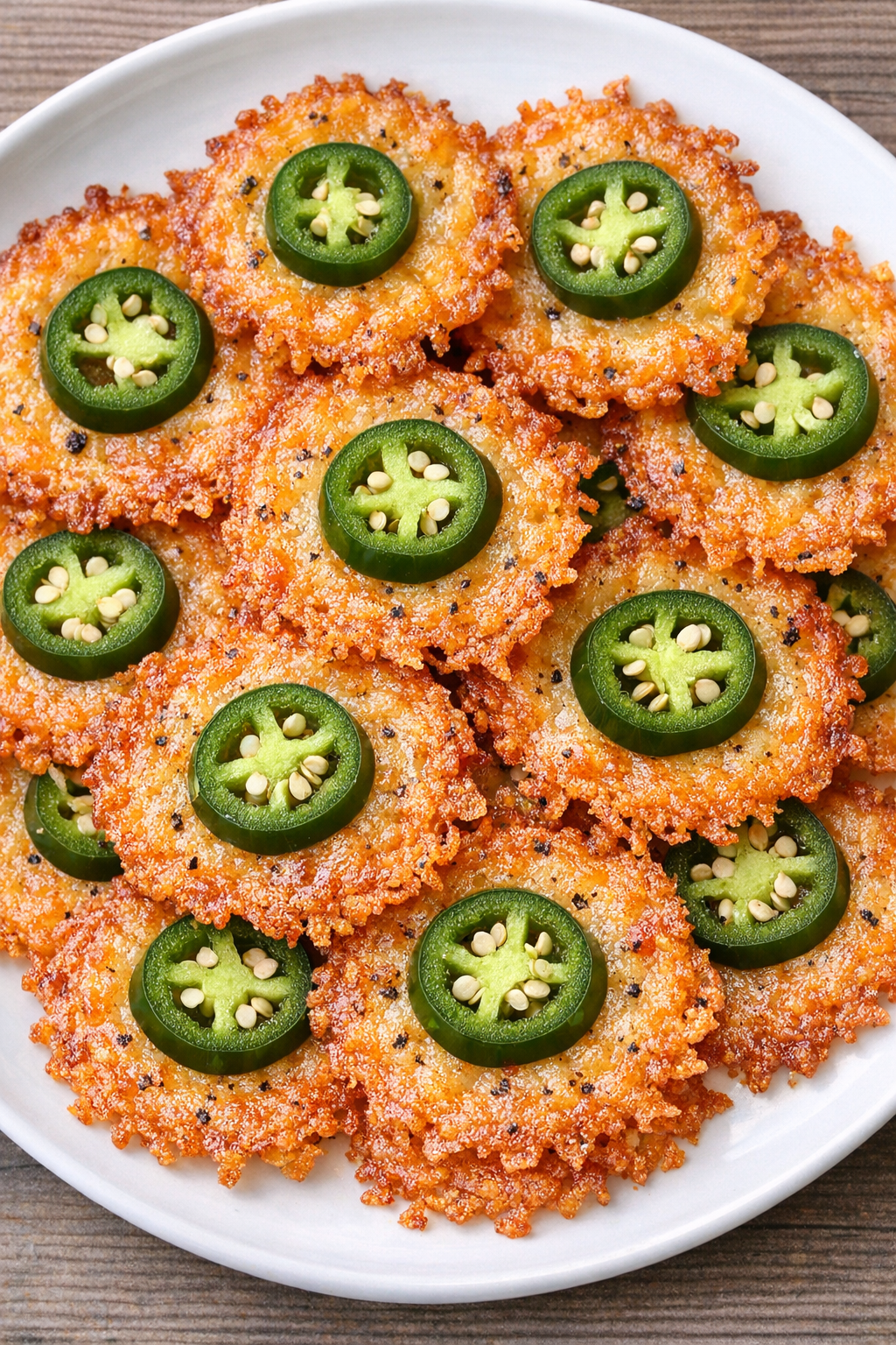 Low carb 3-ingredient jalapeno cheddar crisps on a white plate