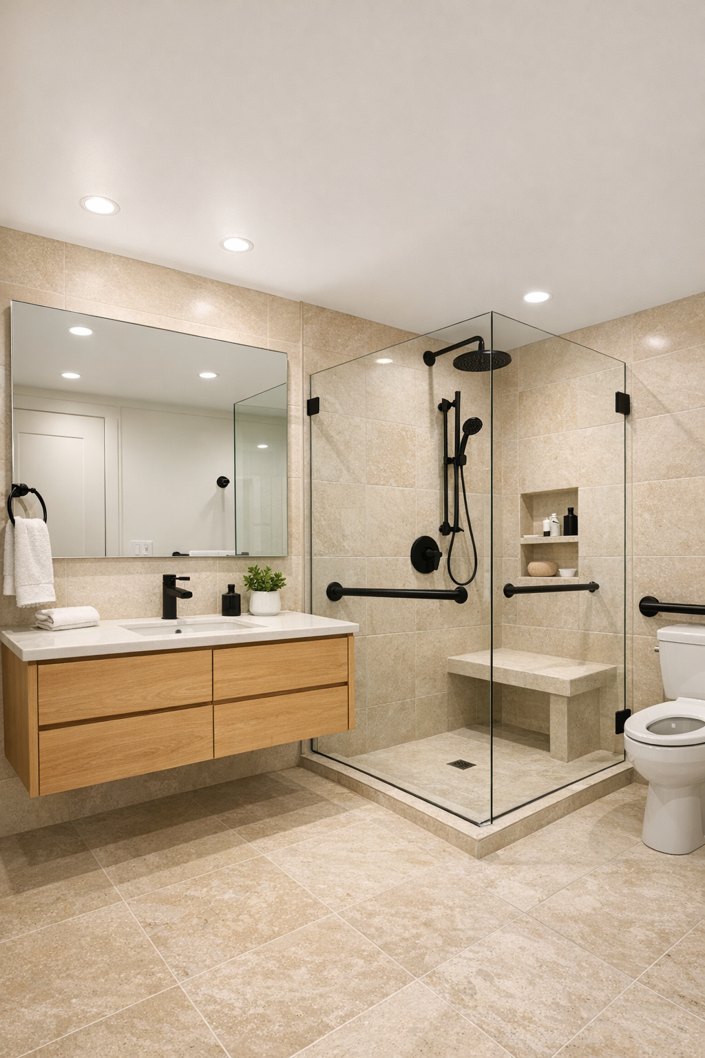 Warm accessible bathroom with curbless shower, pale stone tile, and wood vanity