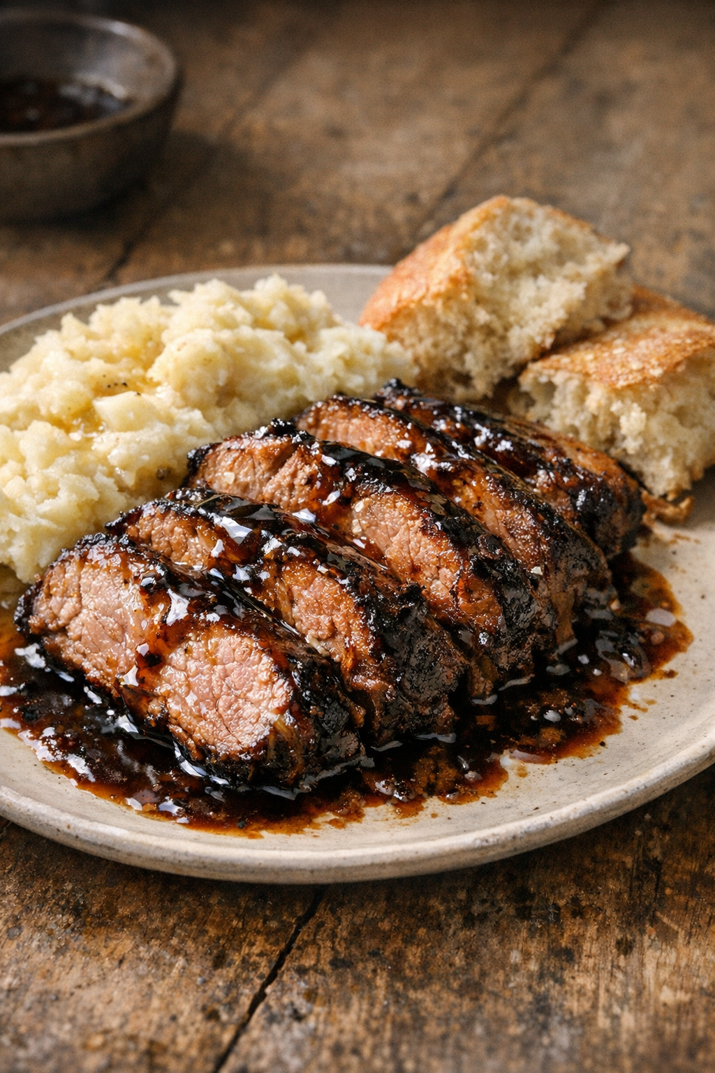 Finished balsamic pork shoulder plated with glossy sauce