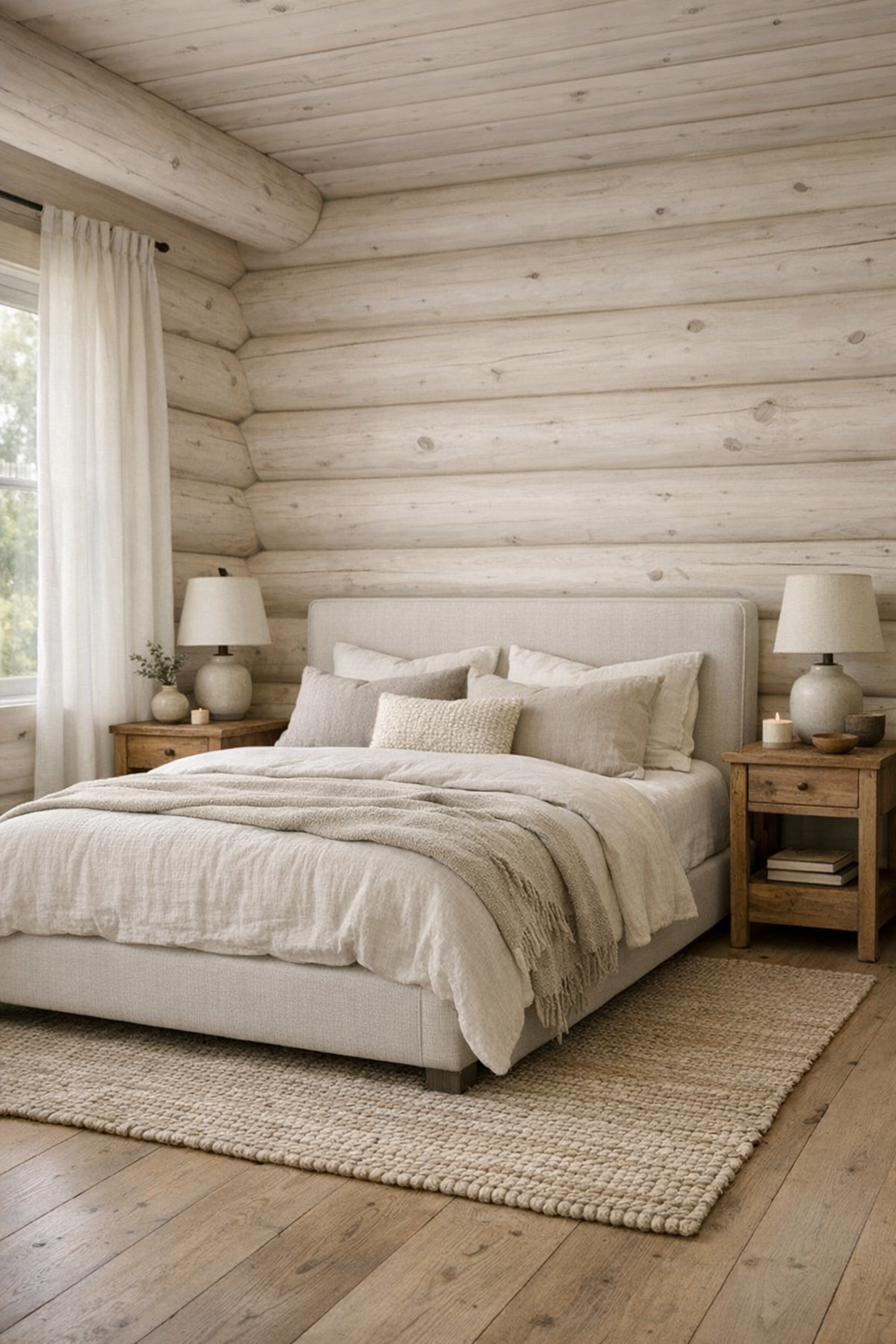 Serene rustic bedroom with pale log walls, layered neutral bedding, and handcrafted wood furniture