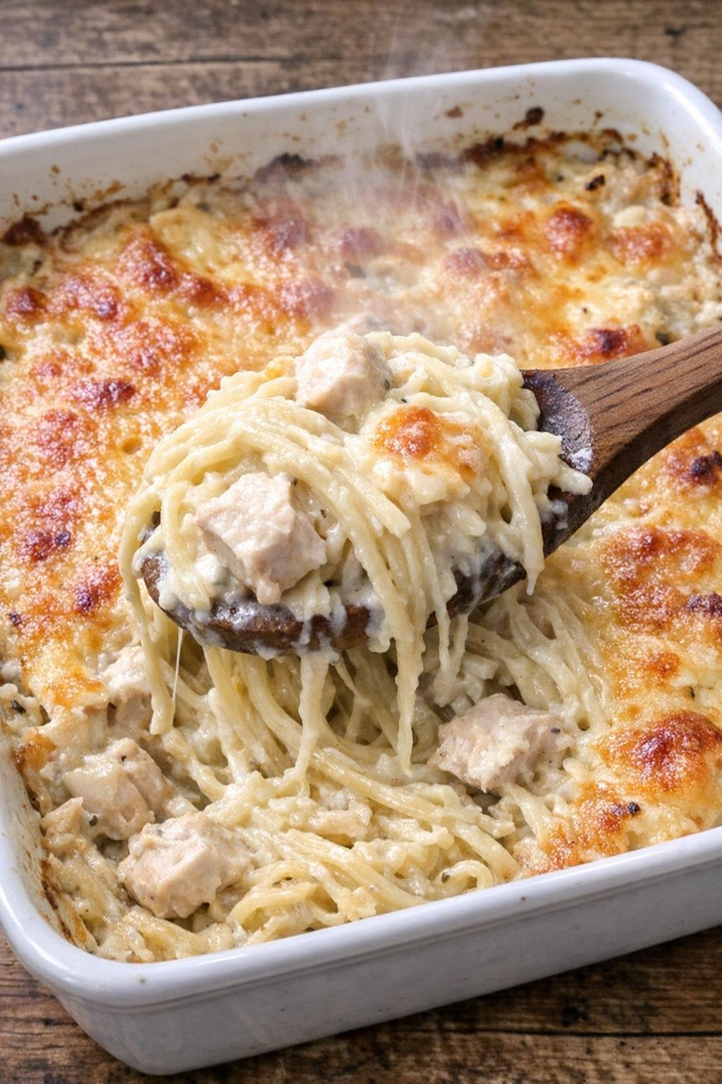 Creamy chicken and spaghetti casserole in a white baking dish