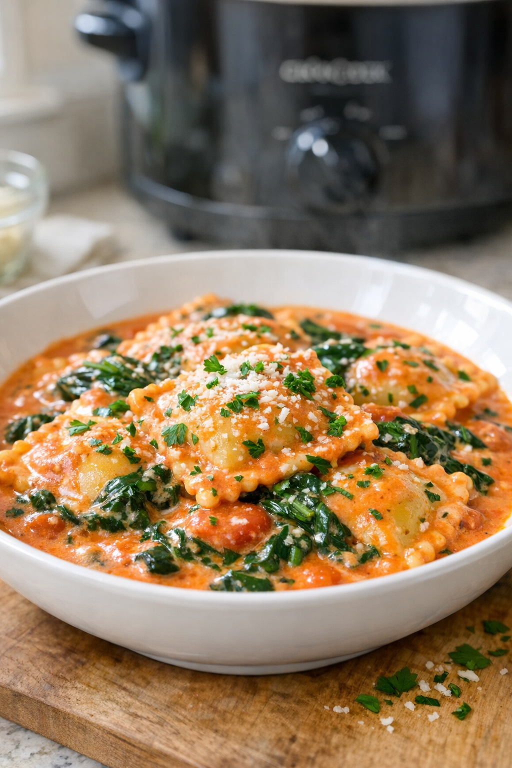 Finished spinach ravioli plated with creamy tomato sauce