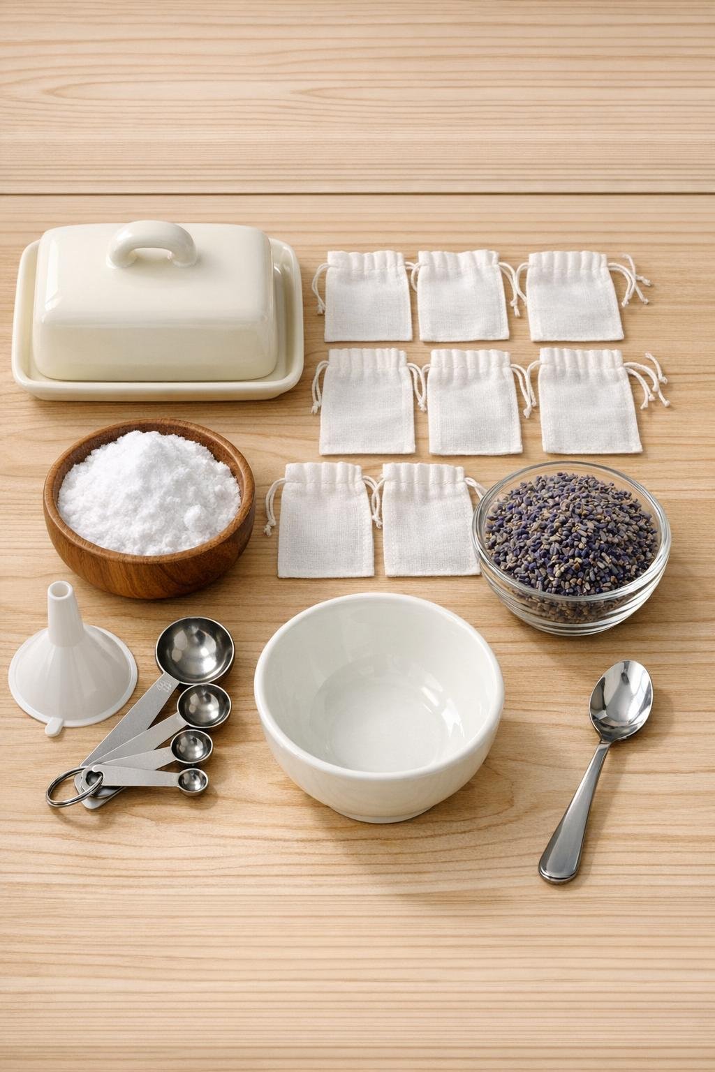 Materials for a shoe freshener station laid out neatly
