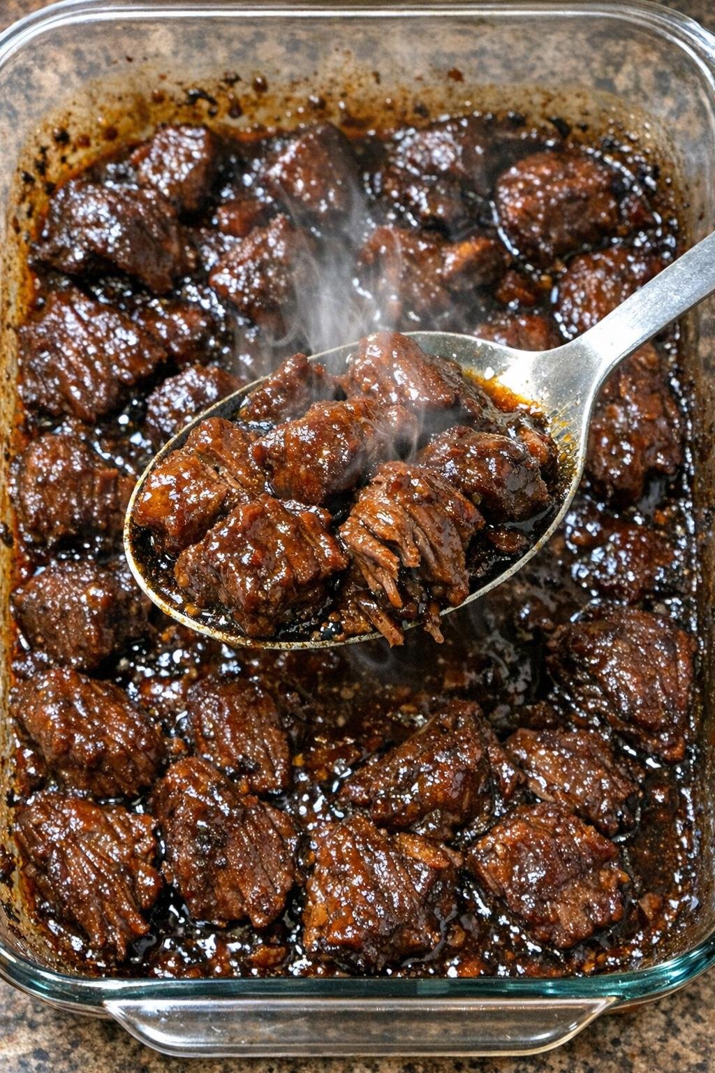 Savory glazed beef in a glass baking dish