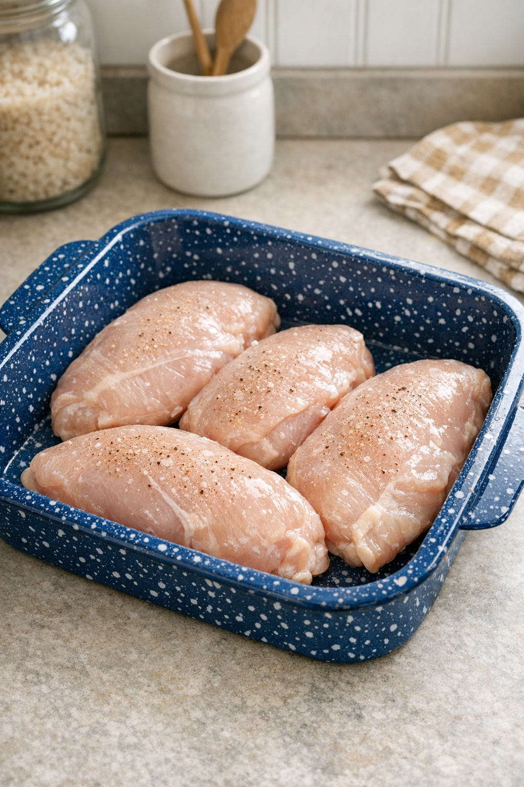 Raw chicken breasts arranged in a blue speckled baking pan