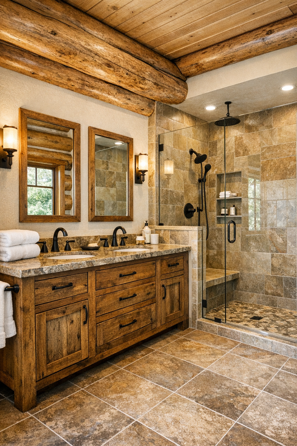 Rustic bathroom with wood vanity, stone counter, and tiled walk-in shower