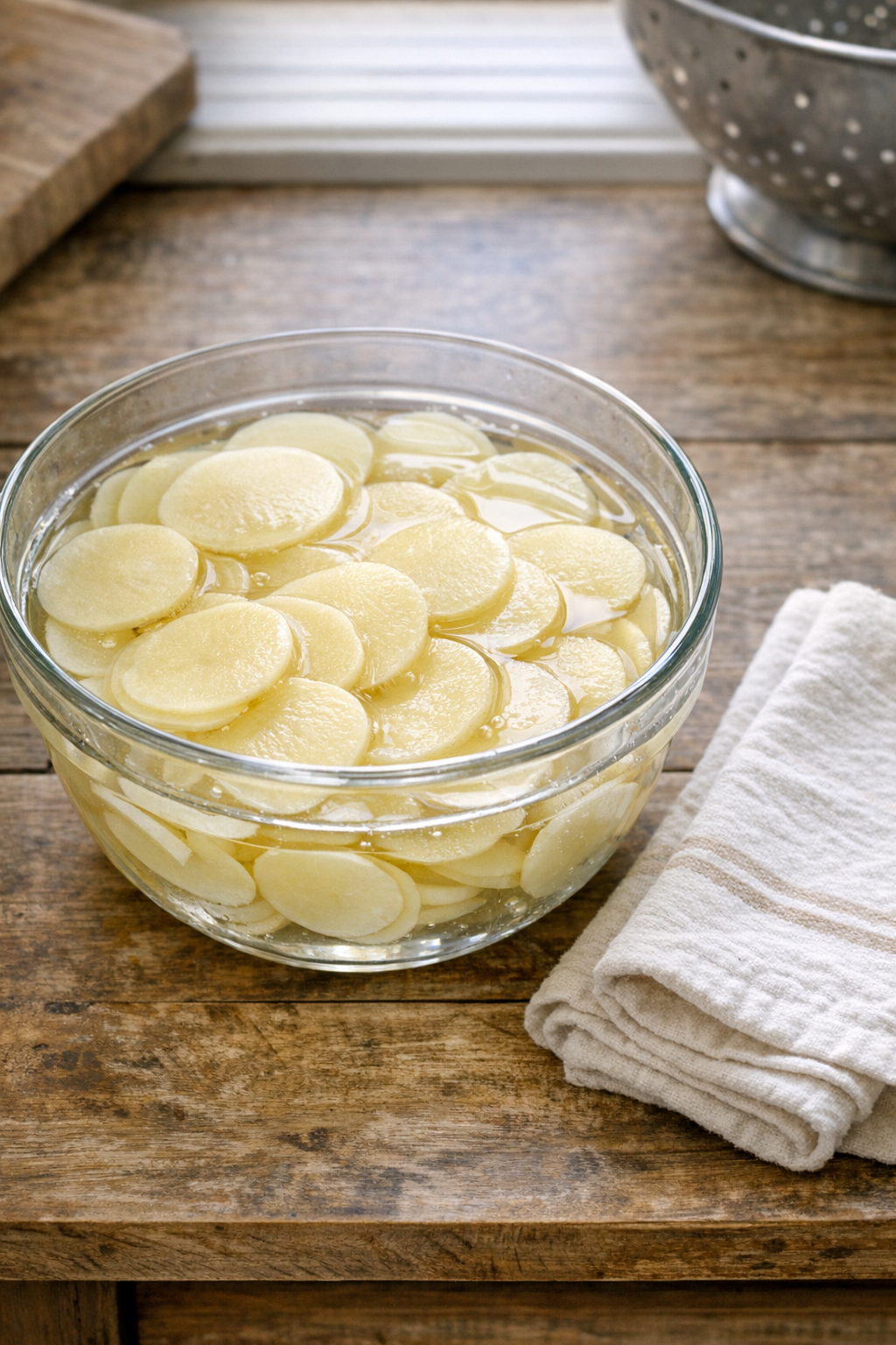 Potato slices soaking in cold water