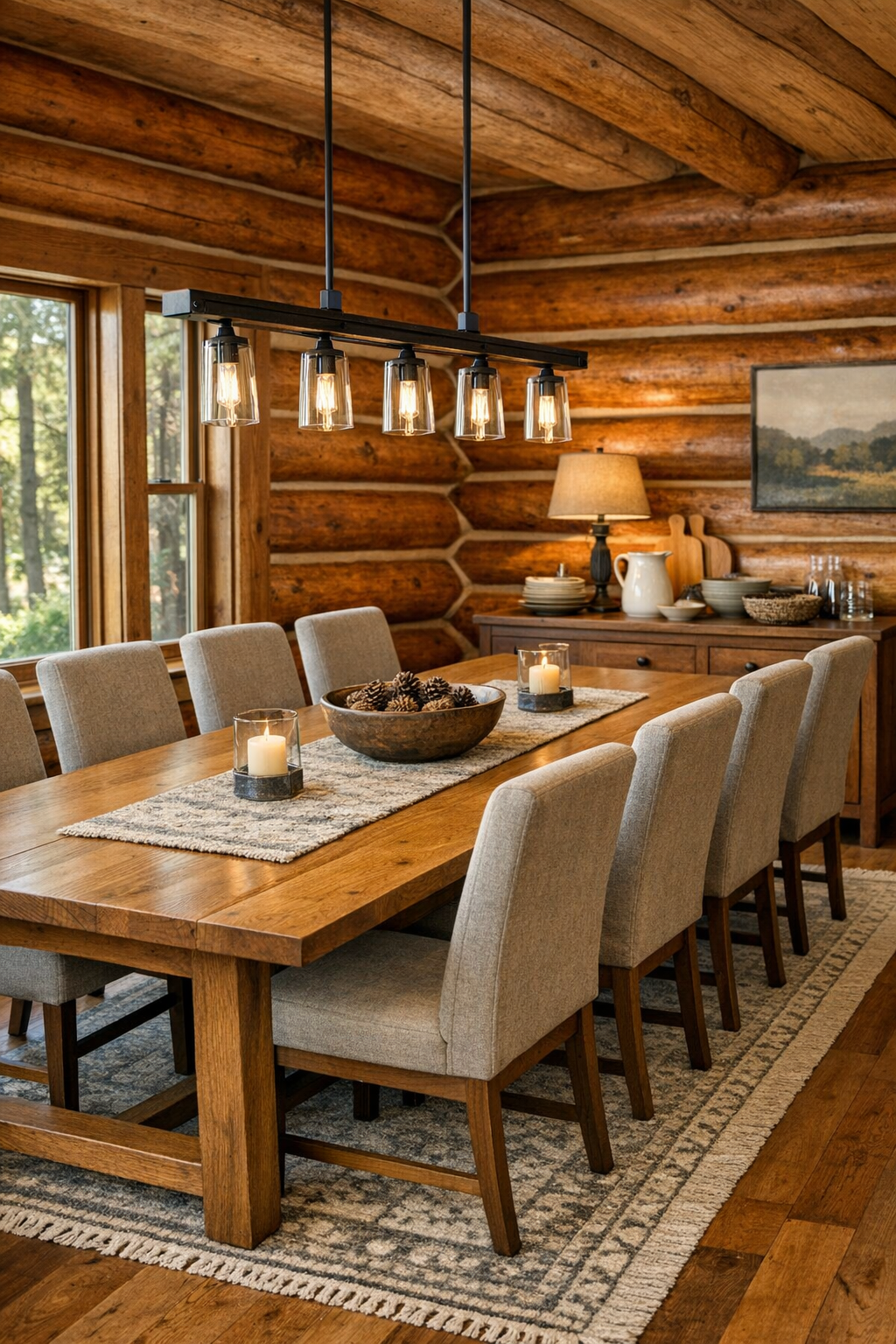 Rustic dining room with long oak table and warm layered lighting