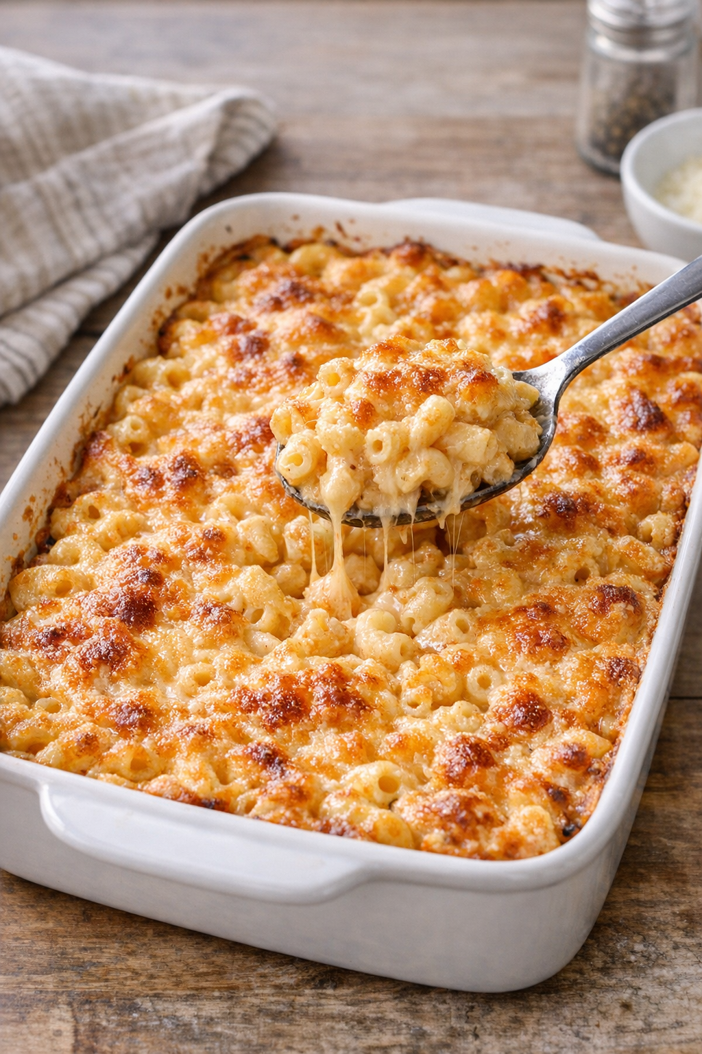 Finished baked three cheese macaroni in a casserole dish