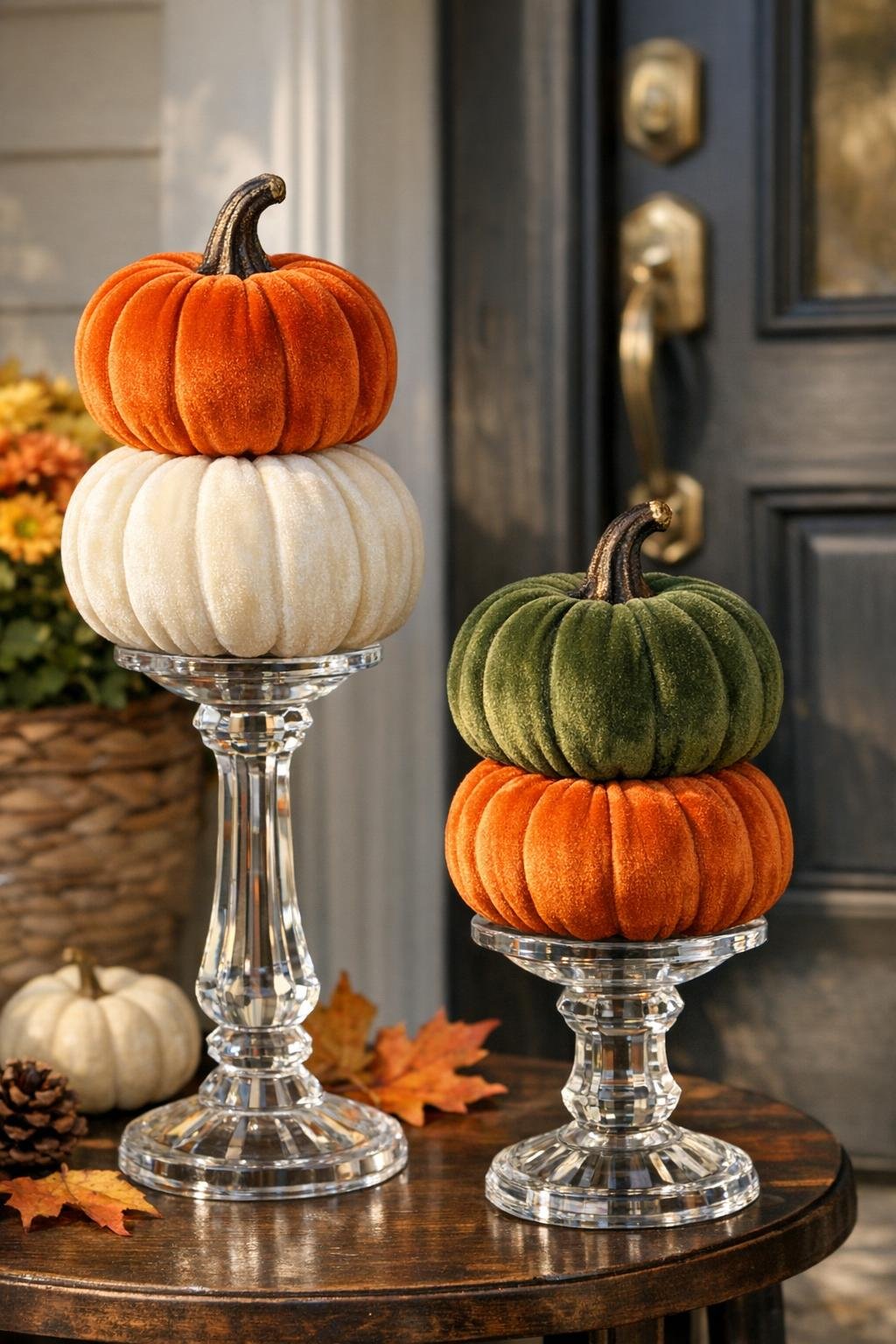 Finished velvet pumpkin stands on glass candlesticks styled for autumn by a front door