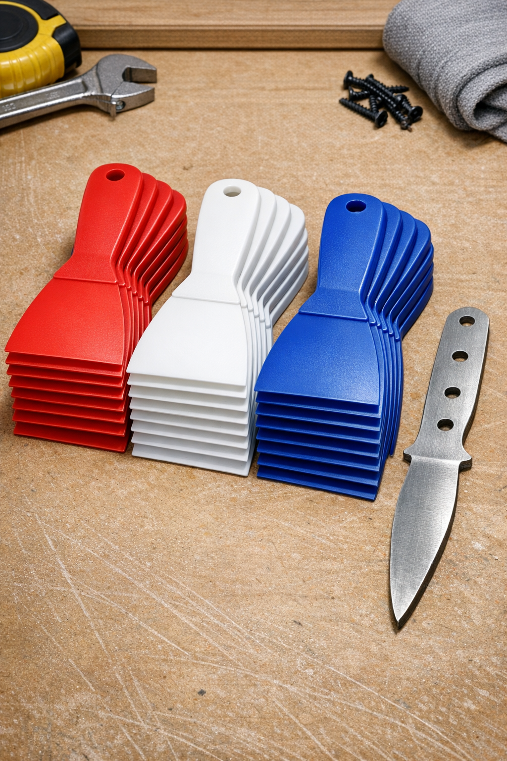 Plastic putty knives and metal tool core laid out for making custom handles
