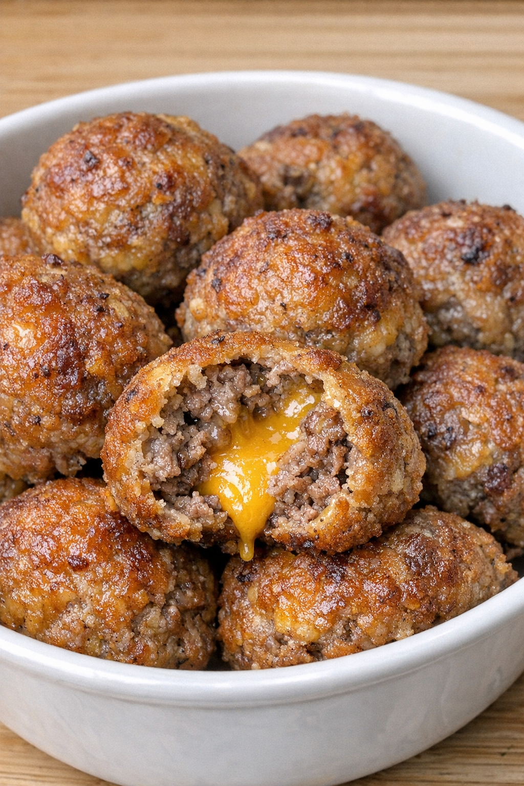 Oven baked beef cheddar balls in a white ceramic serving bowl