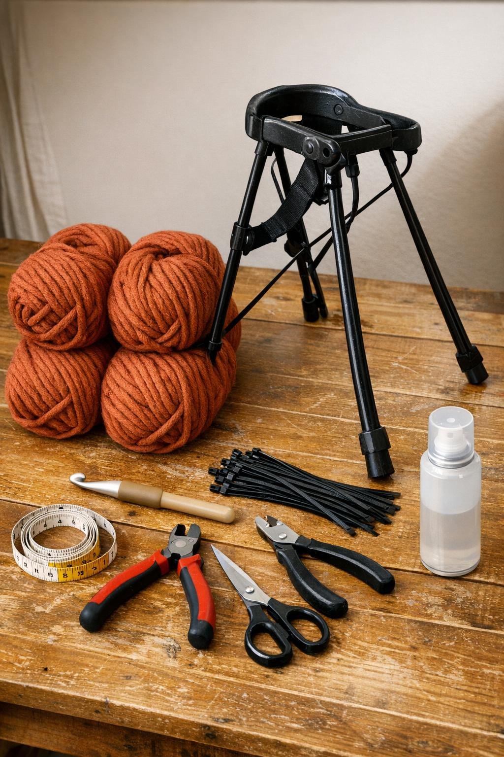 Materials for making a crocheted basket from a vintage golf club bag stand