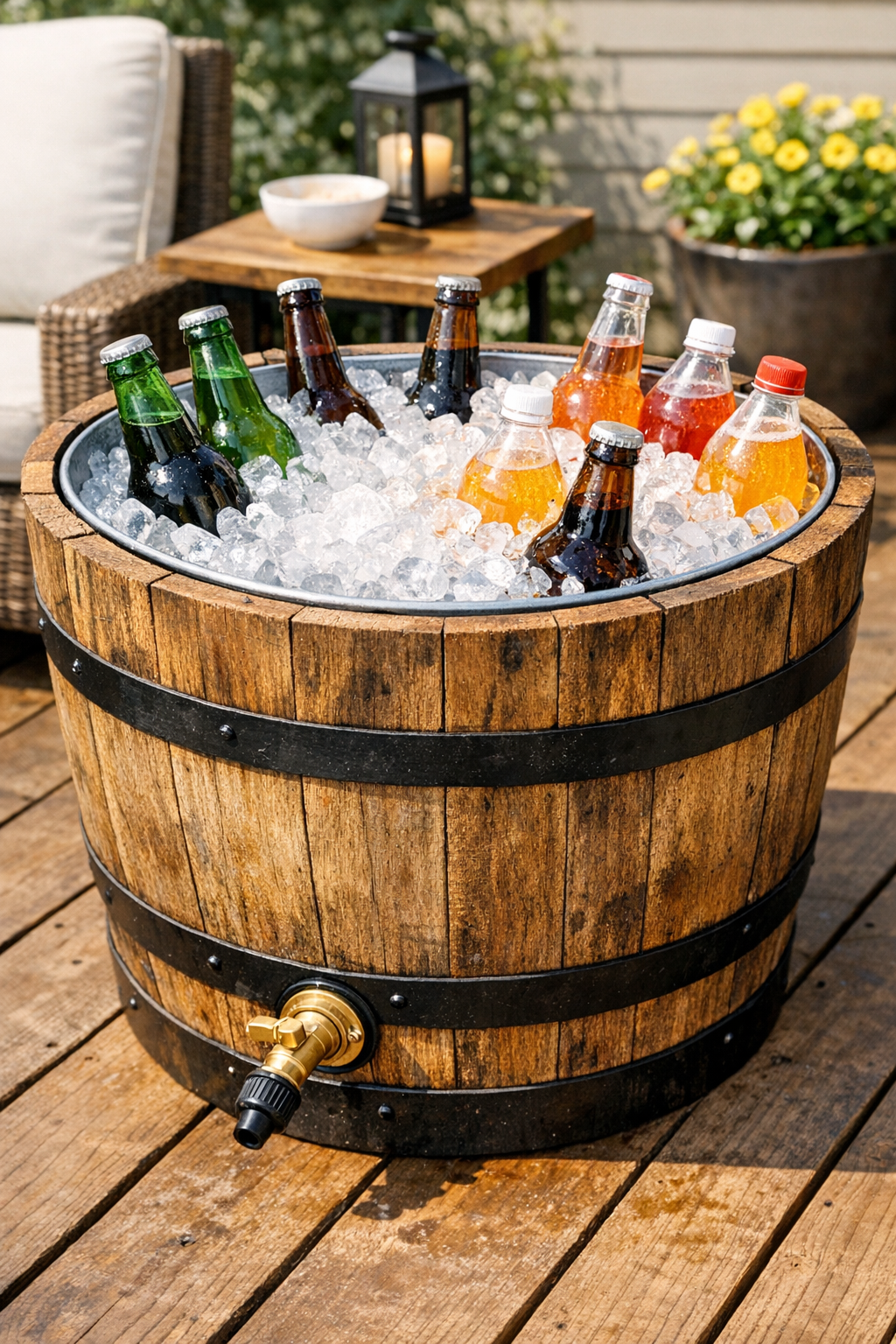 Finished outdoor wooden barrel drink cooler with galvanized tub insert