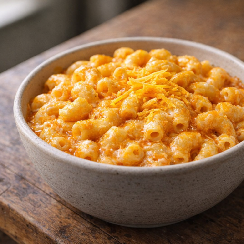 Bowl of macaroni with extra cheddar on top