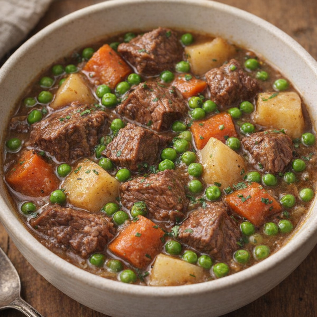 Bowl of beef stew with peas and parsley as a variation