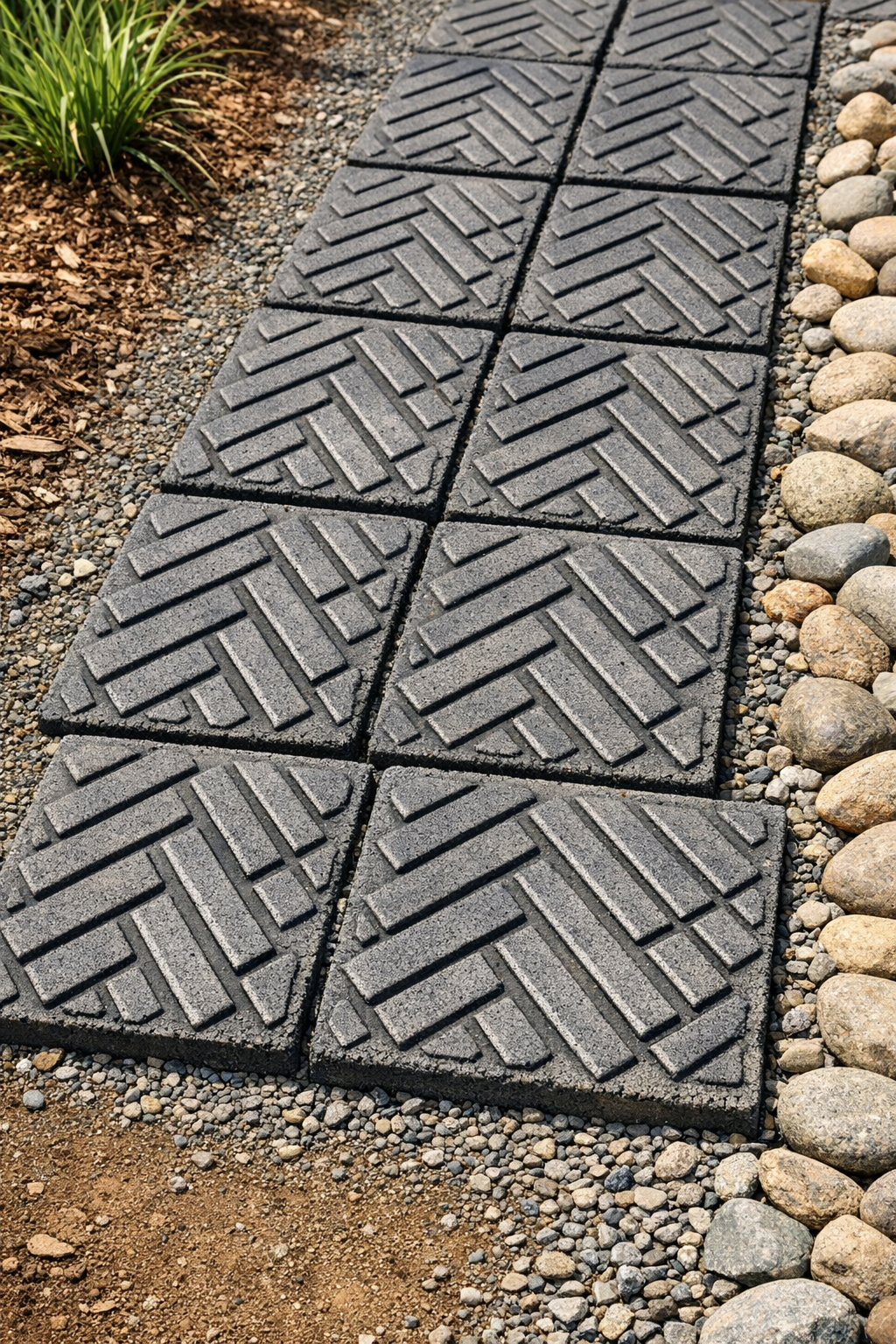 Finished heavy tread concrete patio blocks arranged as an outdoor path