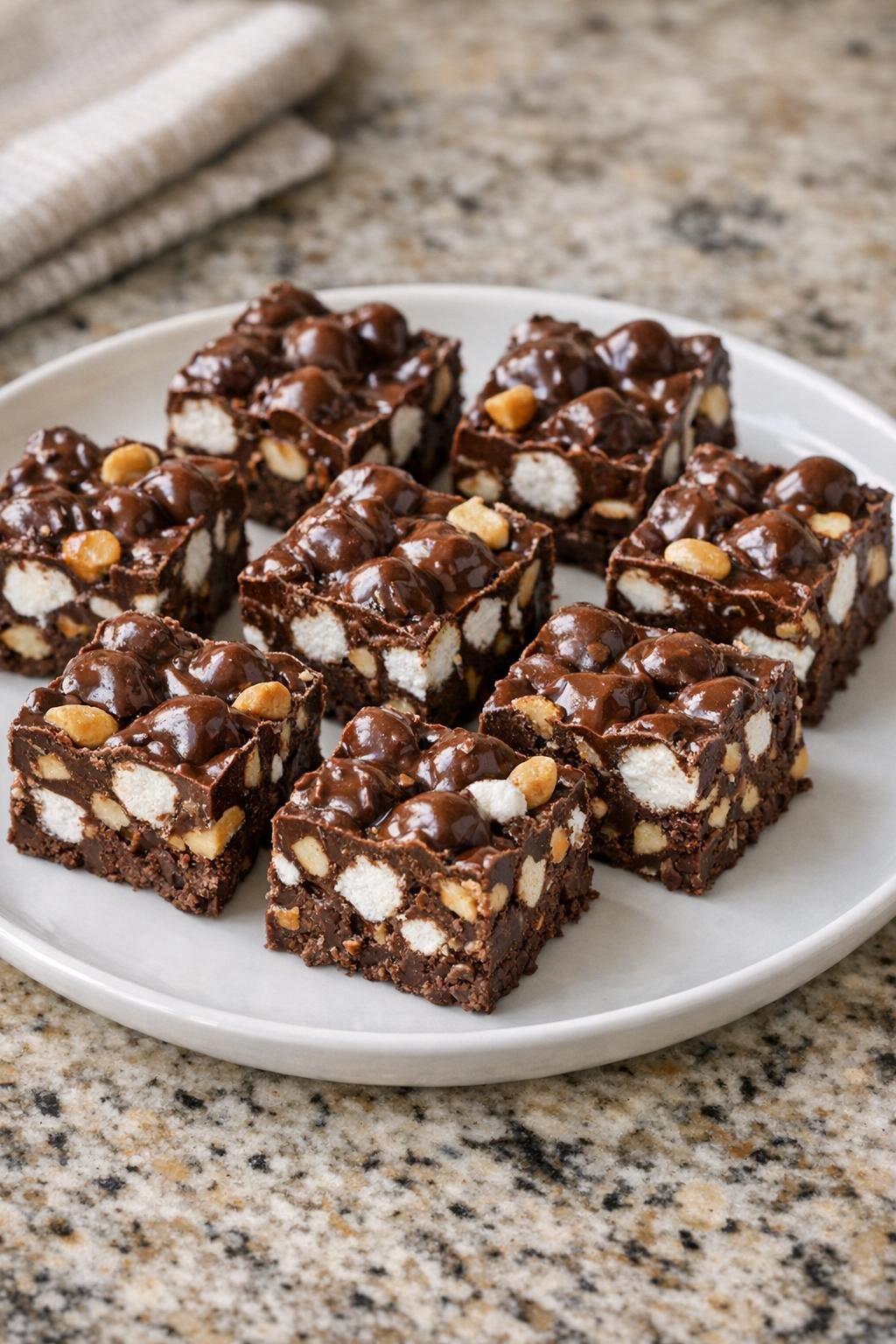 Finished rocky road fudge cut into squares on a plate