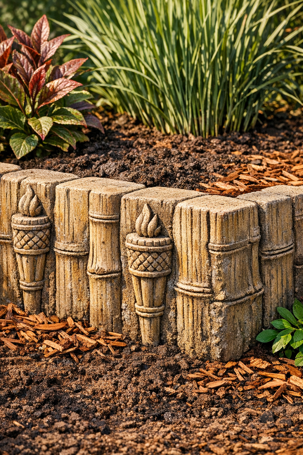 Finished bamboo-textured cement yard border installed around a garden bed