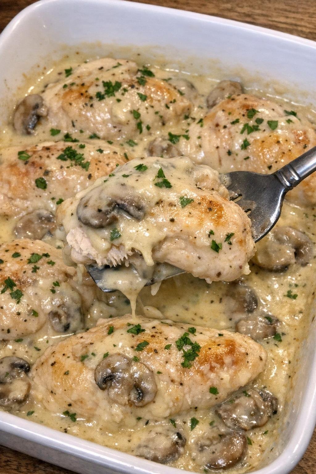 Chicken Versailles in creamy mushroom sauce in a white baking dish