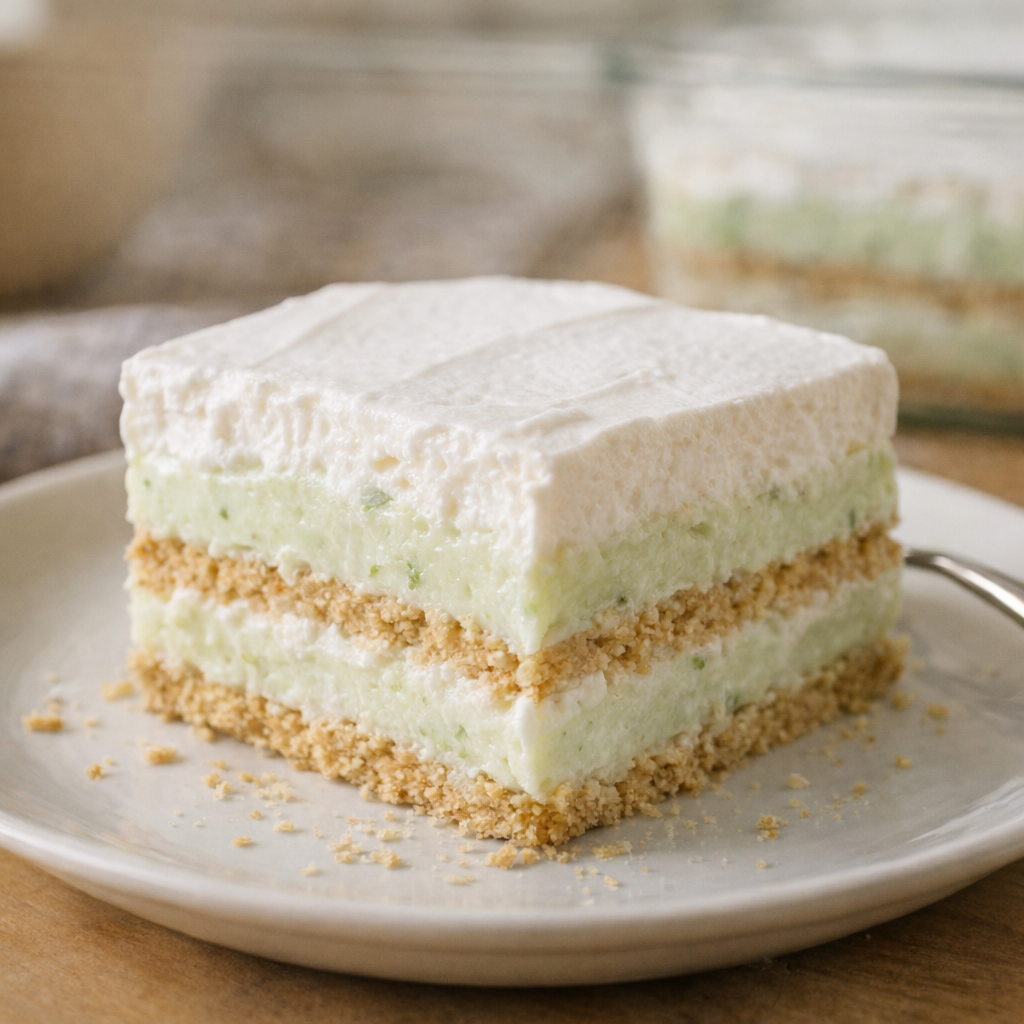 Slice of key lime icebox cake on a dessert plate