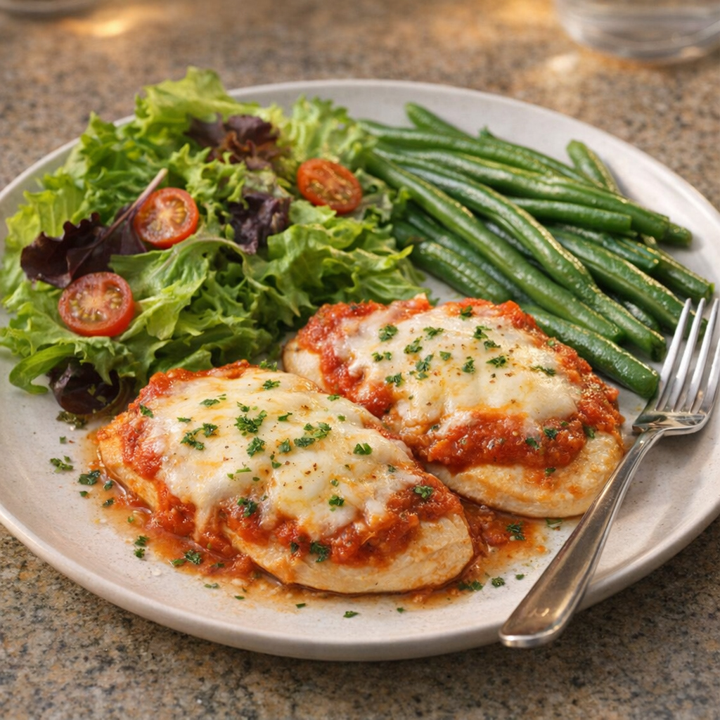 Plated chicken Parmesan with salad and green beans