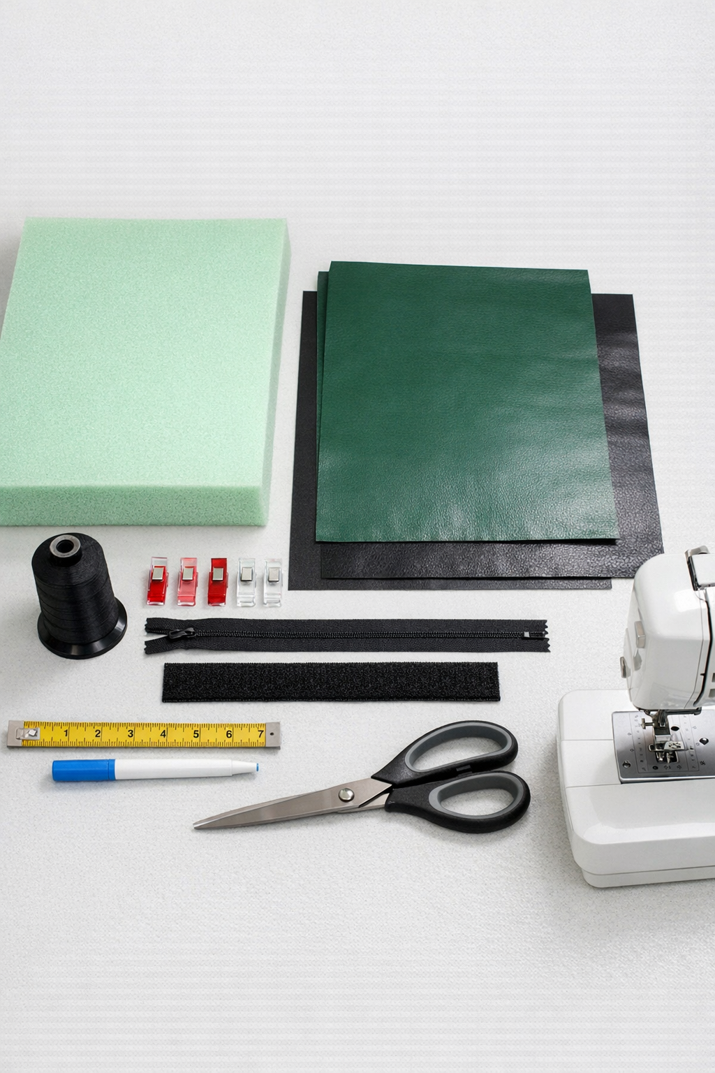 Materials for a waterproof vinyl garden kneeler laid out on a table