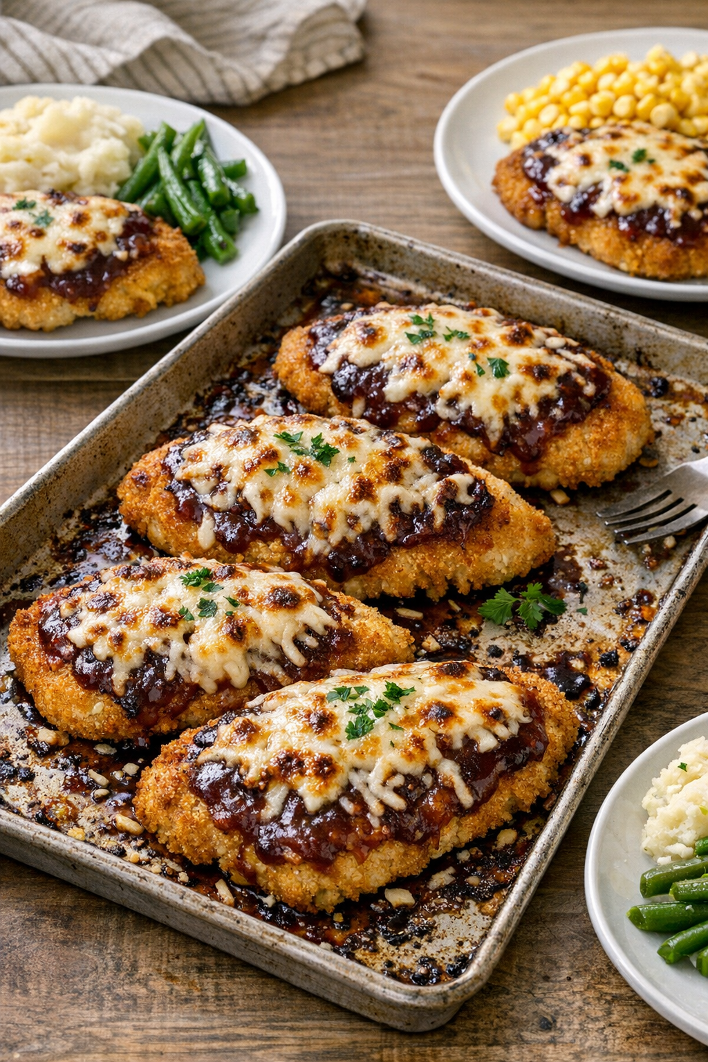 Finished baked breaded chicken with dark glossy sauce and melted white cheese on a sheet pan