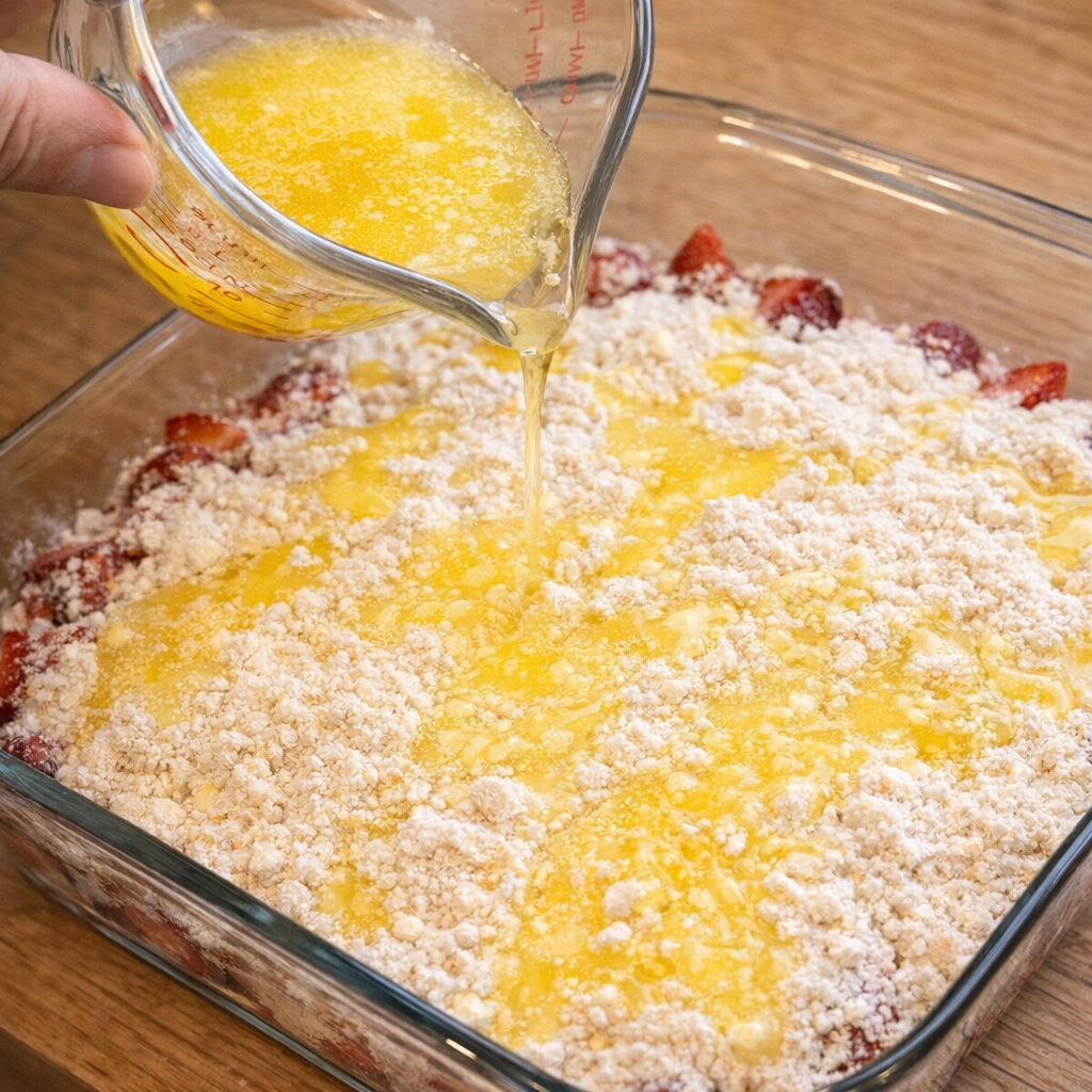 Melted butter being drizzled over dry cake mix in the baking dish