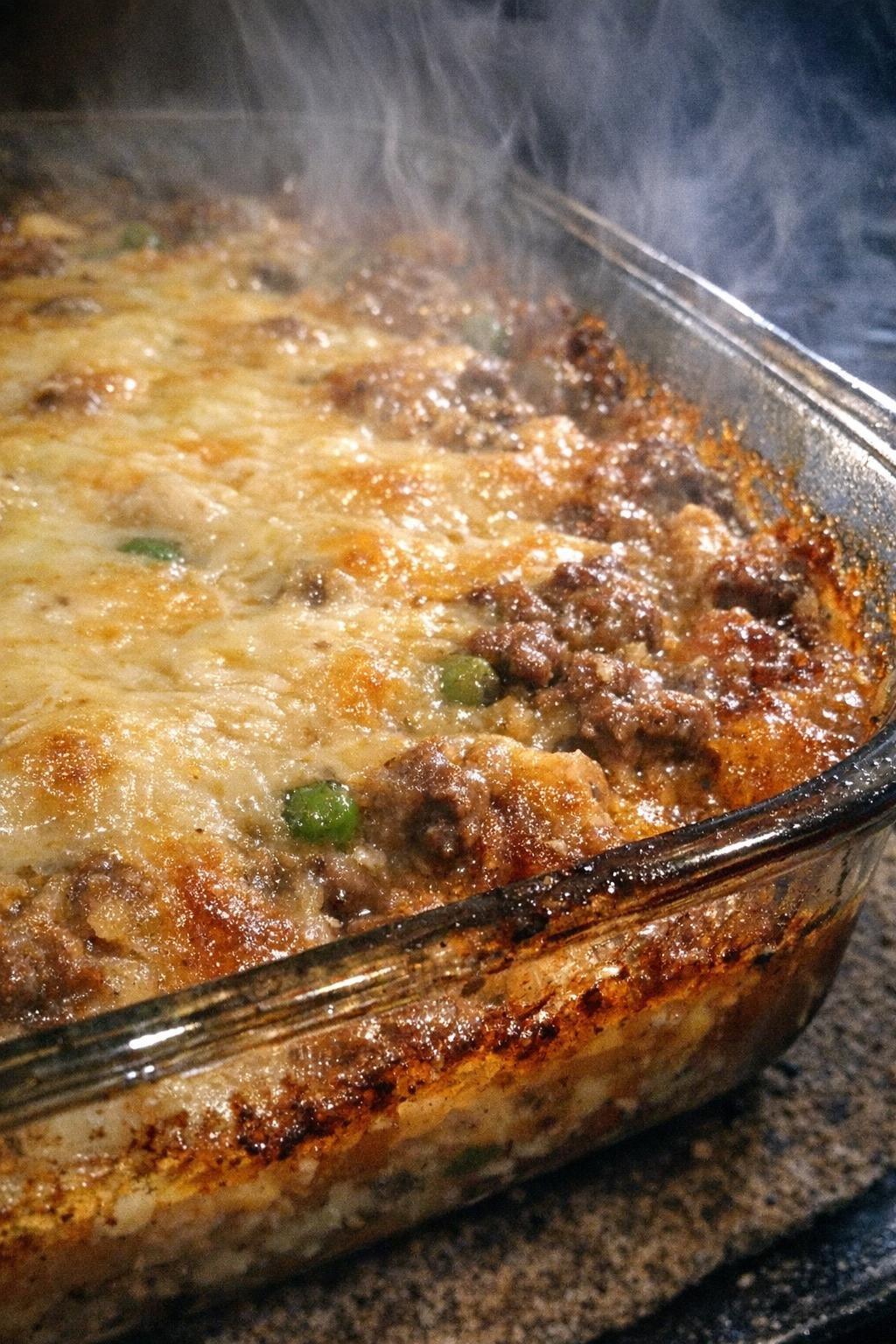 Finished monster mash casserole in a glass baking dish