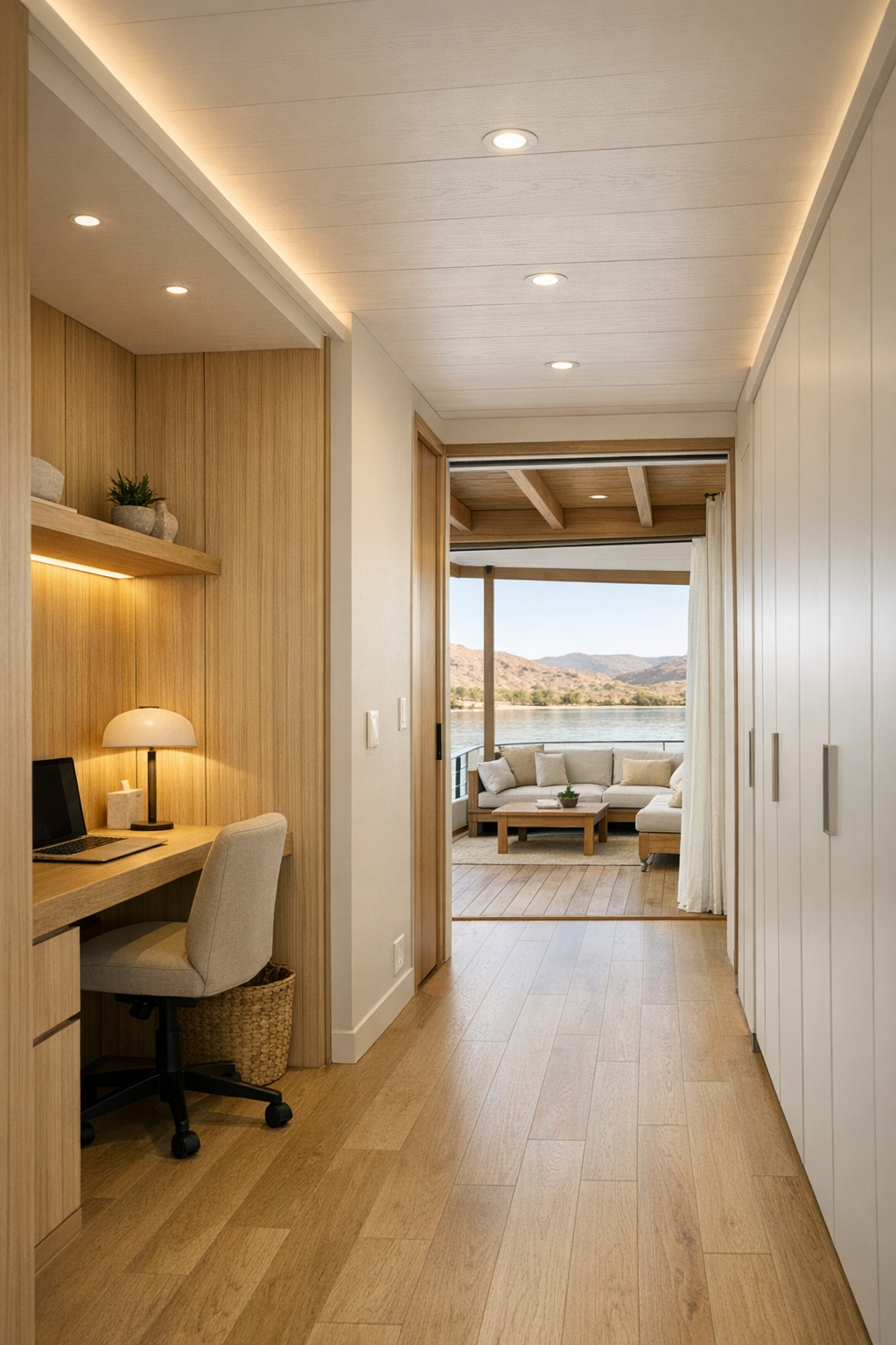 Thoughtful houseboat auxiliary spaces with built-in storage, office nook, and covered deck